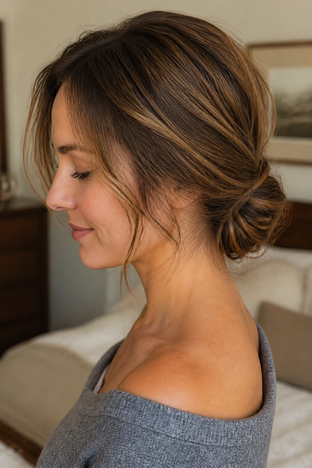Close-up of a real woman with a low twisted chignon at the nape in warm window light.