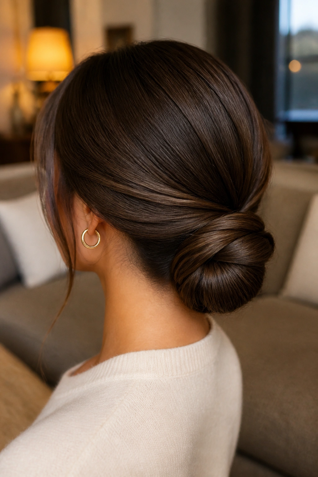 Real woman with low wrapped bun at the nape in a cozy living room