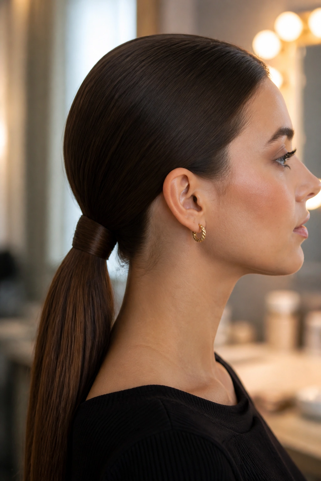 Side-profile of a woman with a low nape ponytail featuring a wrapped strand