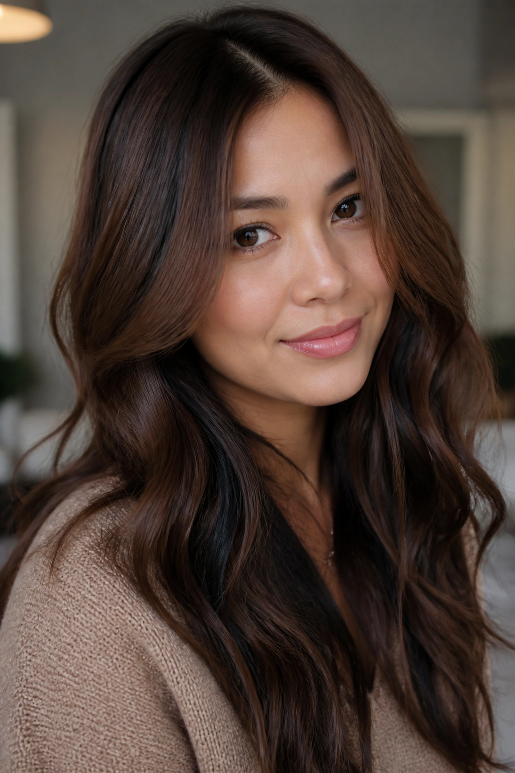 Close-up of hair with glossy black lowlights under a brown base and subtle waves.
