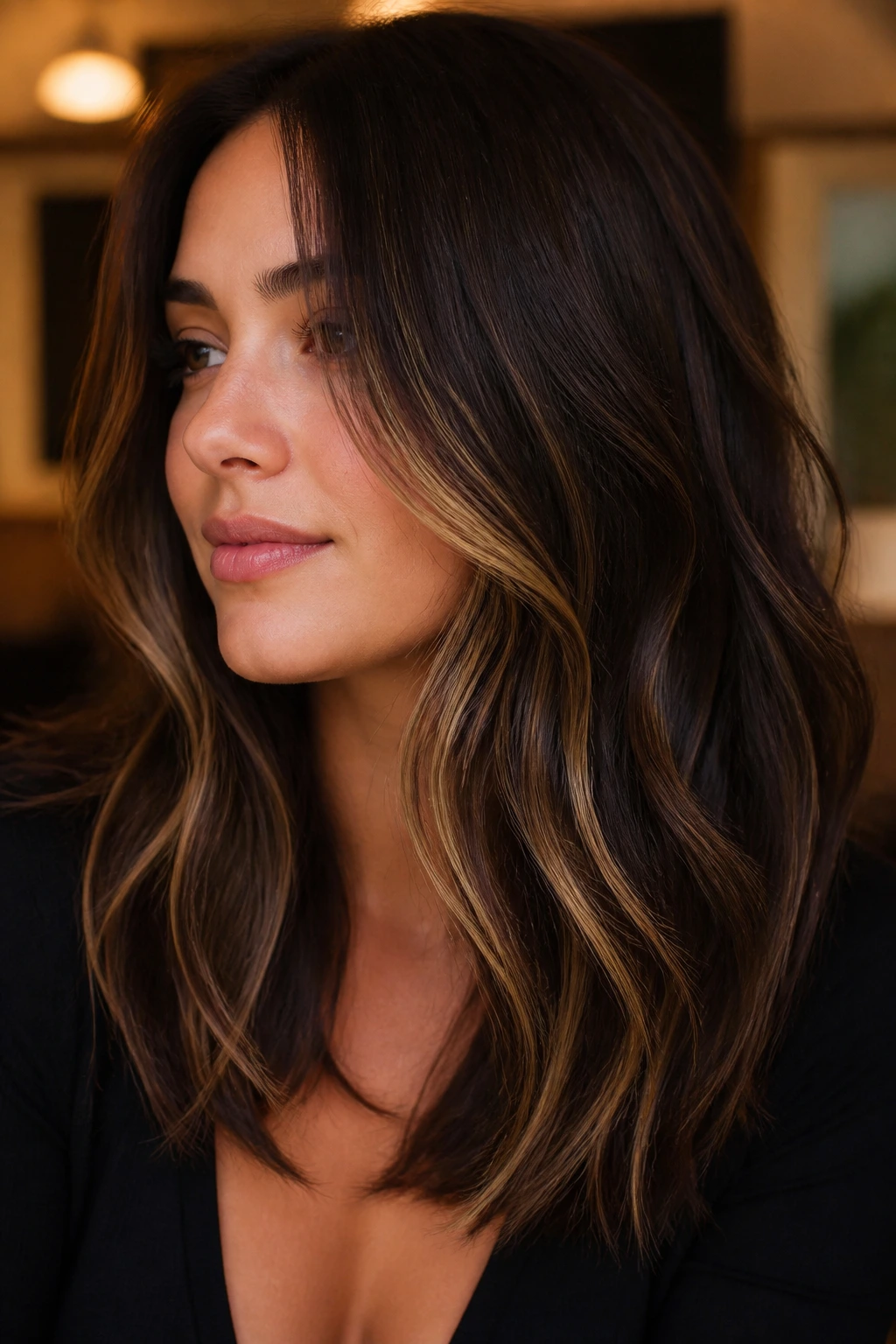Real woman's brunette hair with subtle lowlights and thin honey strands framing the face
