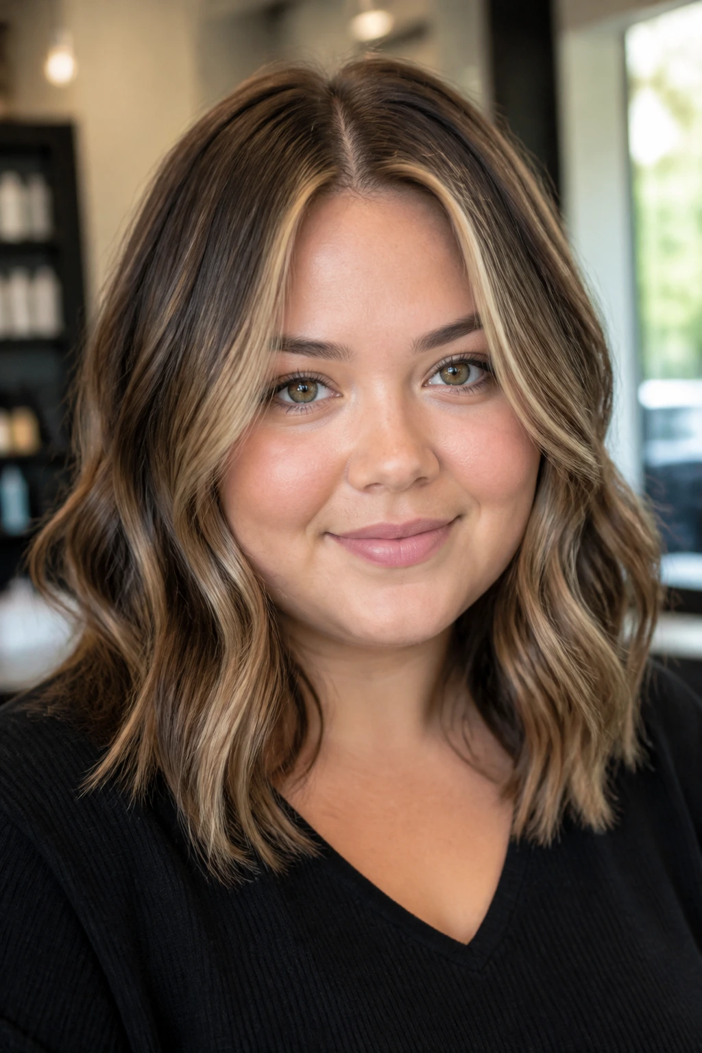 Close-up portrait showing dark lowlights at temples and outer hair to sculpt contour on a real woman