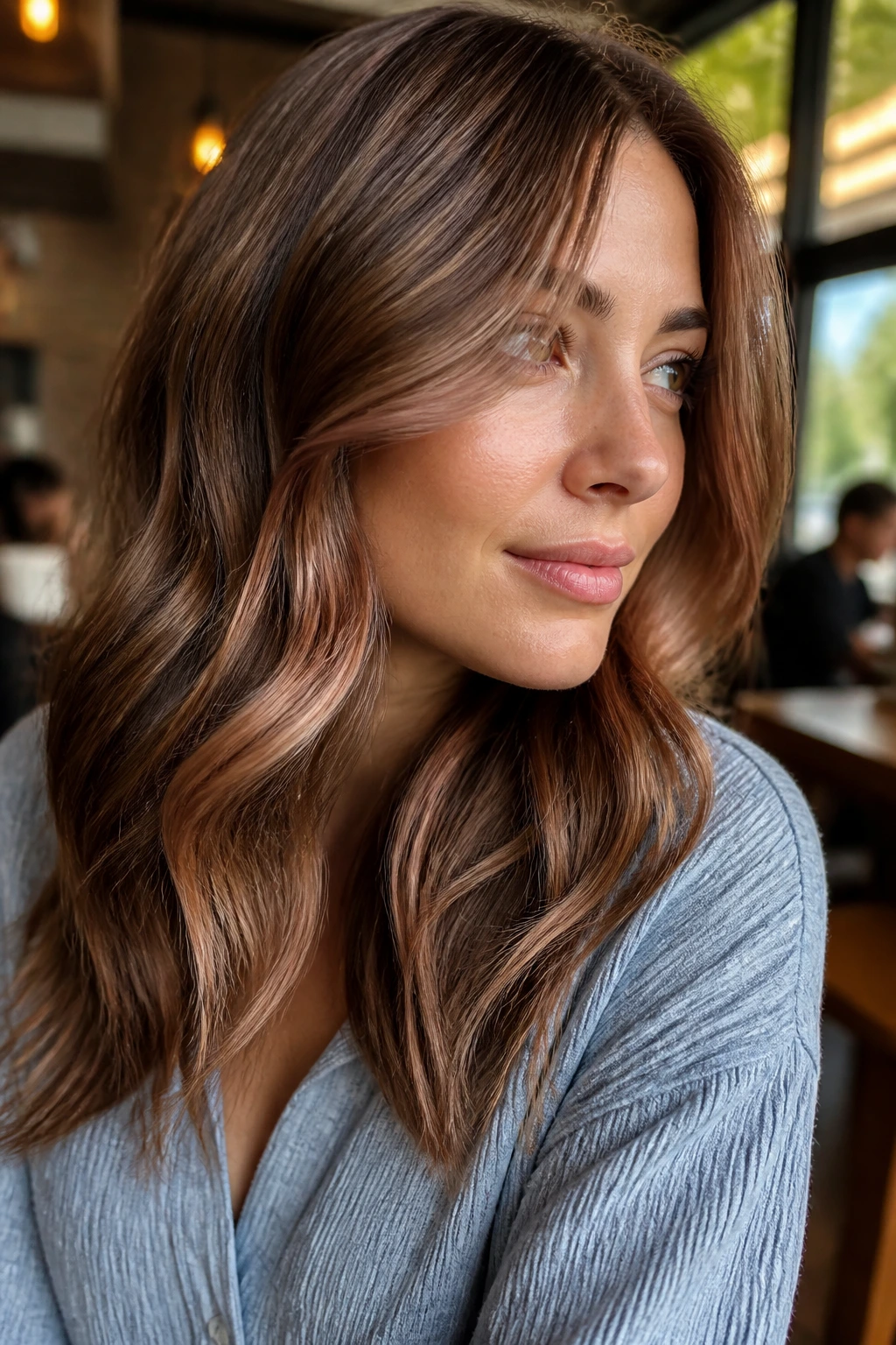 Close-up of a real woman with strawberry lowlights woven into light brown hair