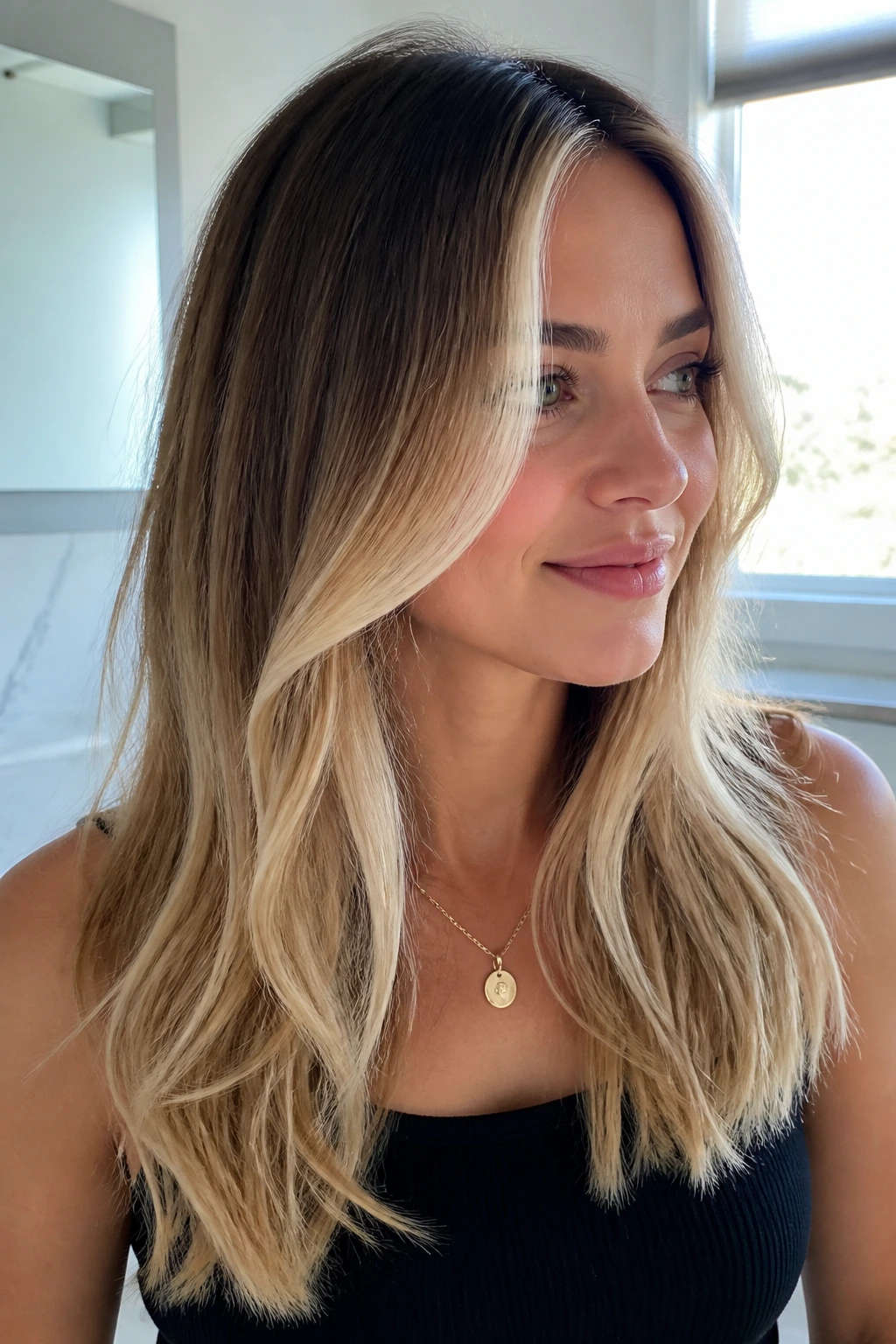 Close-up portrait of a real woman with luminous face-framing blonde and long root stretch