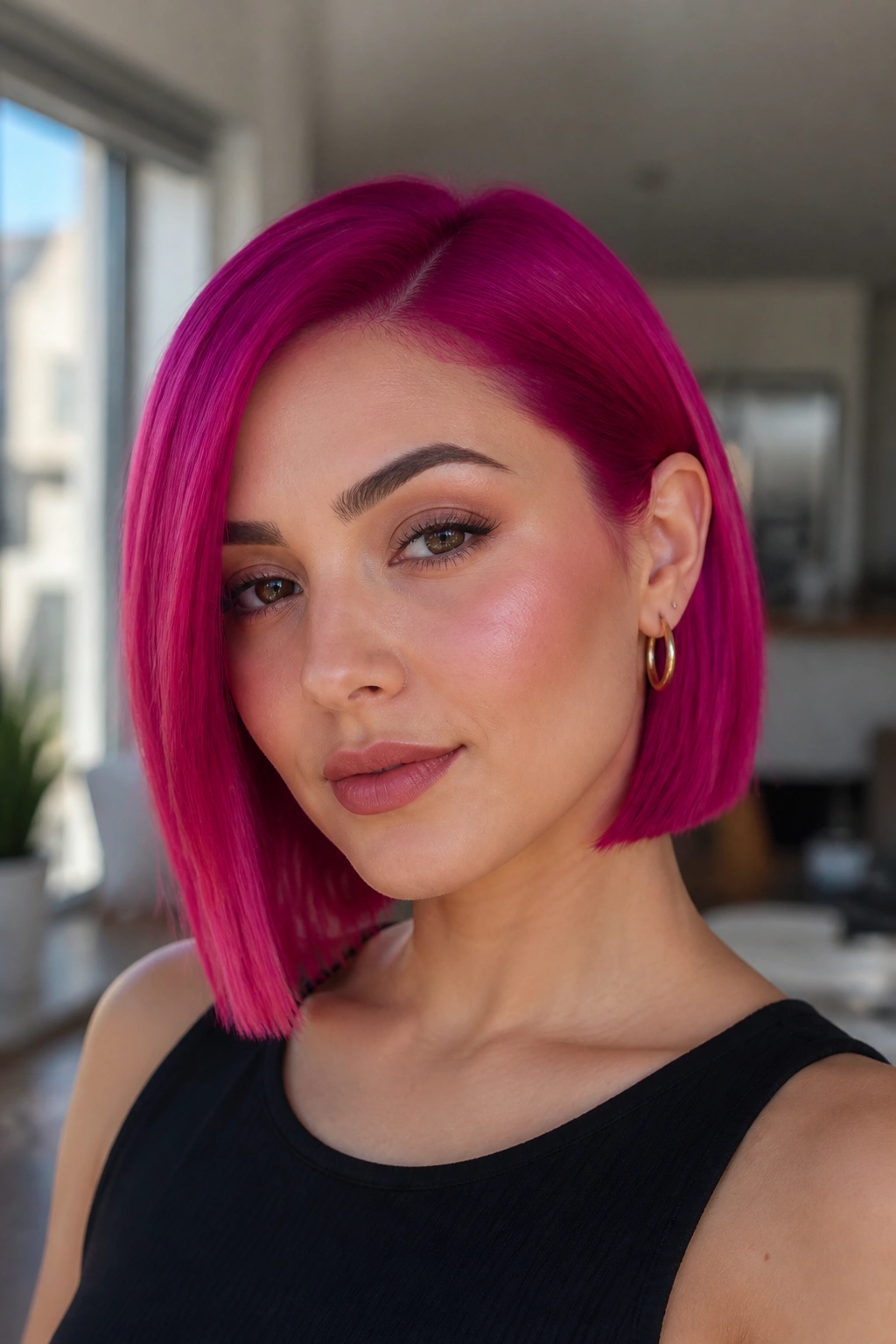 Close-up of a real woman with magenta blunt bob in a modern apartment with soft light