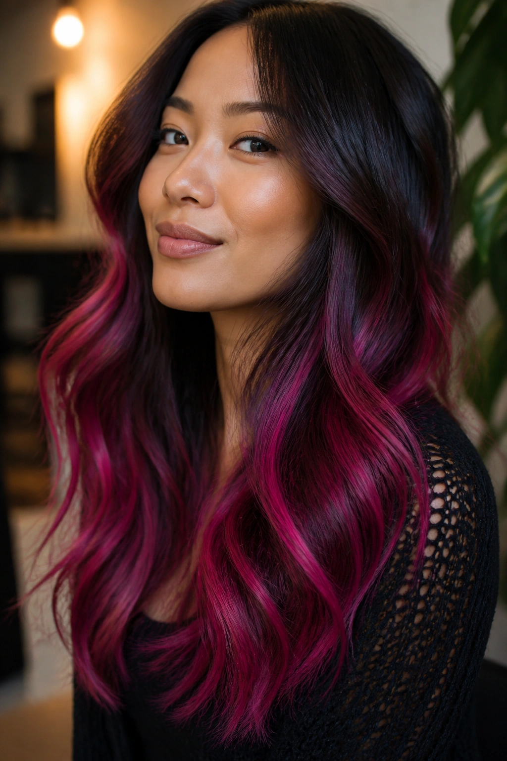 Portrait of a real woman with magenta sweep in dark chocolate hair