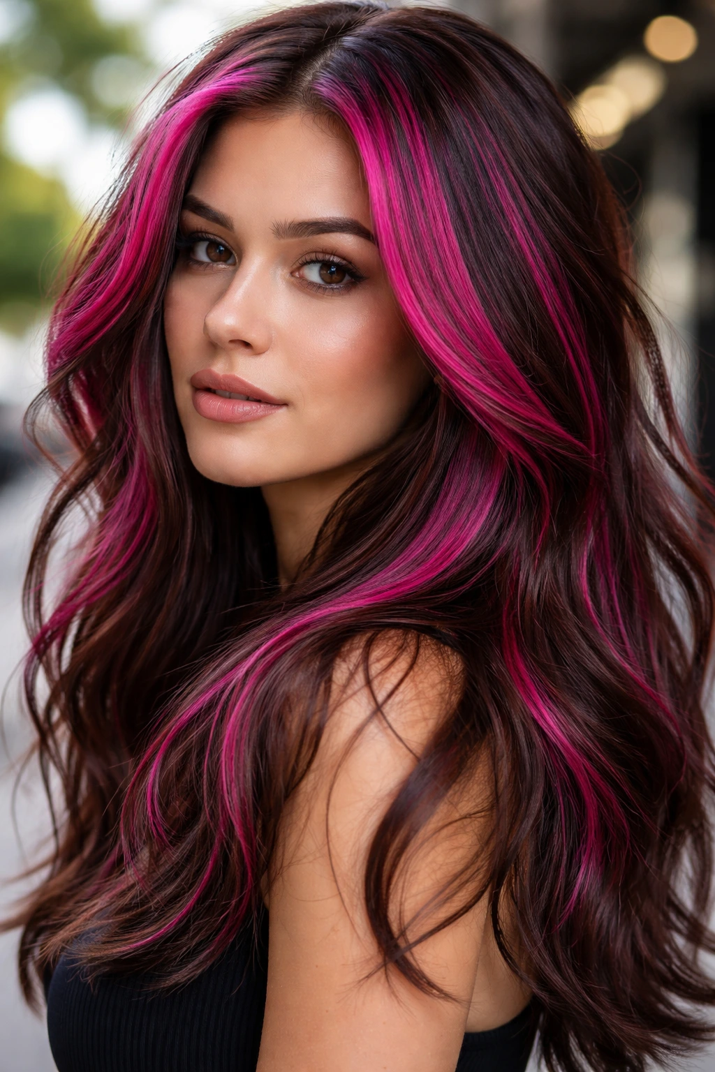 Close-up of magenta chunk lights on brown hair in urban daylight