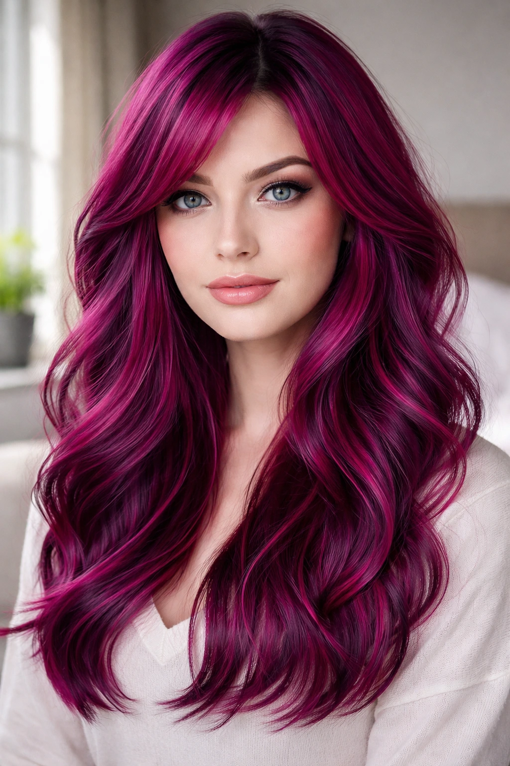 Close-up portrait of a real person with cool magenta hair and deep plum ribbons in a softly lit bedroom