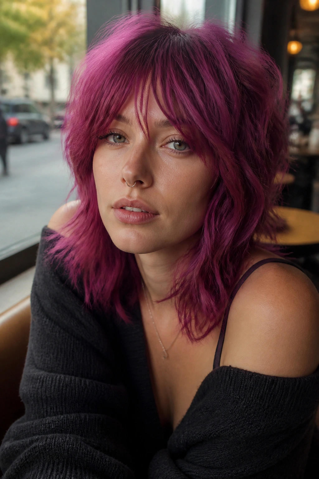 Portrait of a real woman with magenta mauve hair in a textured shag