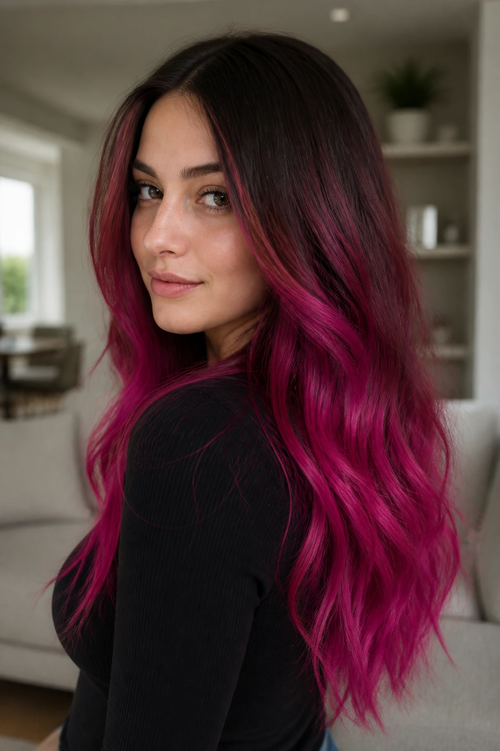Close-up of a real woman showing Blended Magenta Melt hair, darker crown fading to magenta mid-lengths and ends.