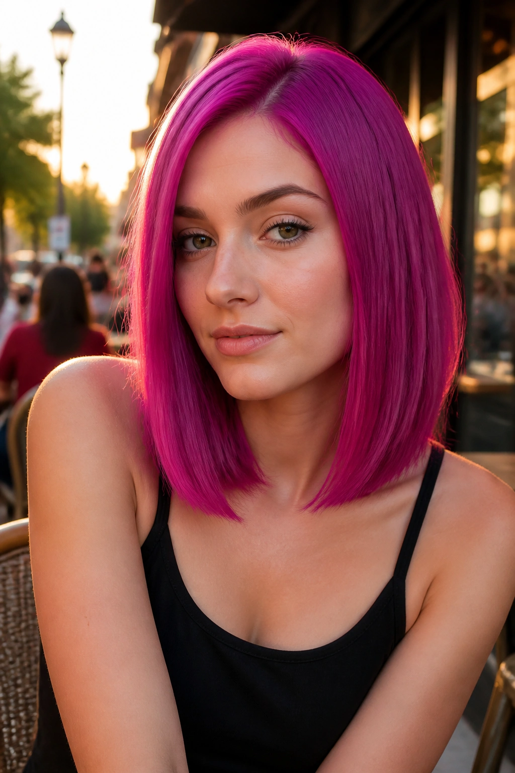 Close-up portrait of a woman with blue-based magenta hair under warm cafe lighting