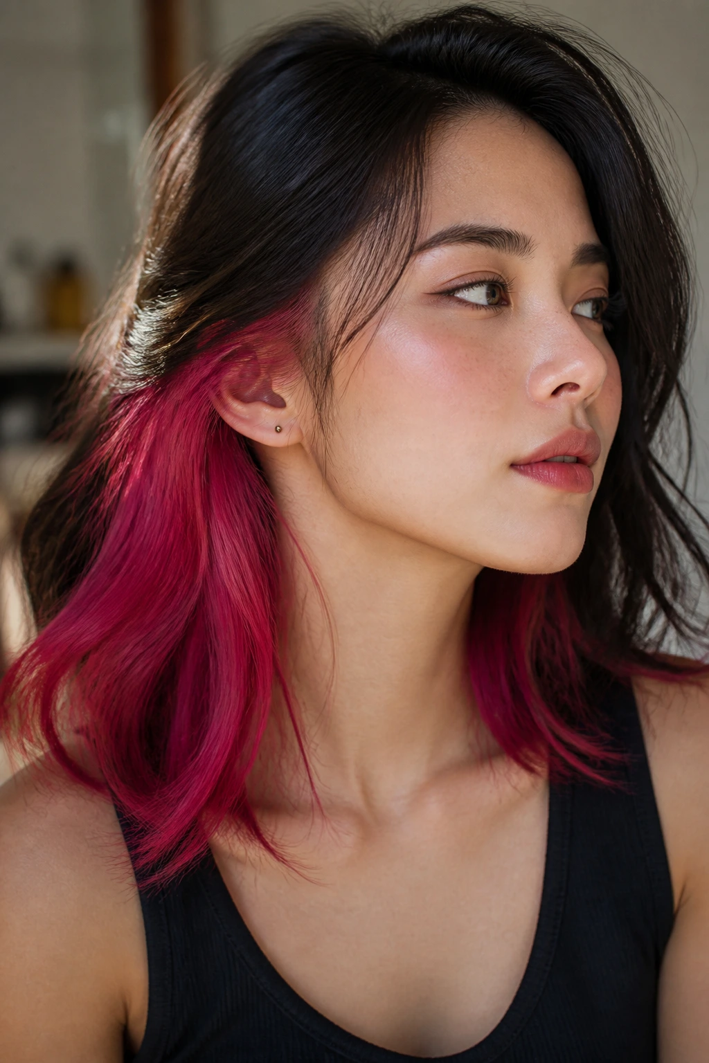 Close-up portrait of a real woman showing magenta underlayer peeking through dark hair