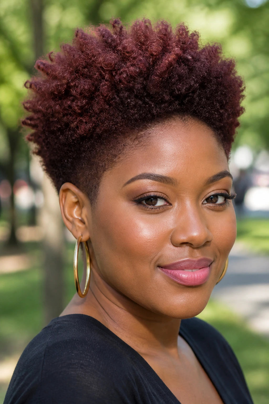 Close-up of a real woman with a tapered mahogany afro