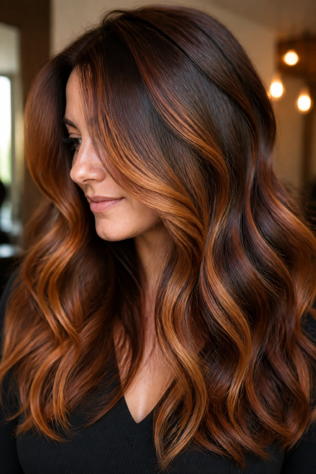Close-up of a real woman with mahogany and apricot panels on thick brown hair