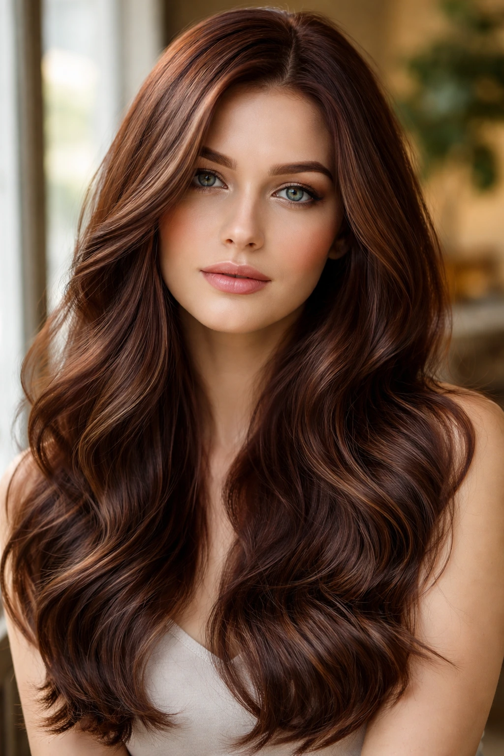Close-up of a real person with mahogany hair and ash brown babylights