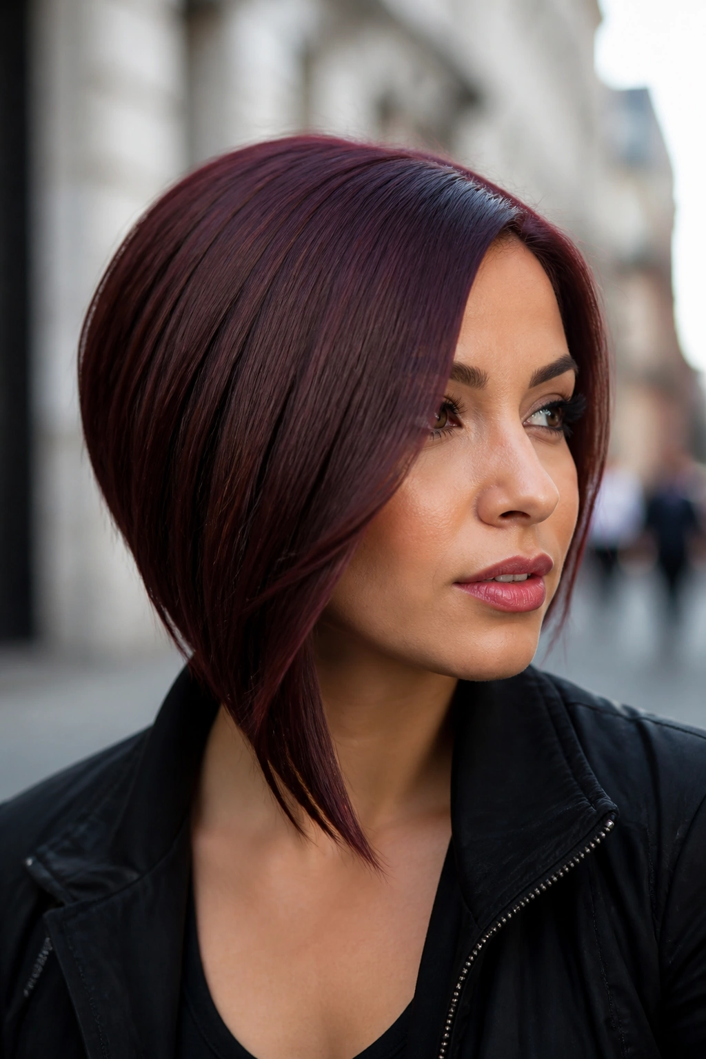 Real woman with angled mahogany asymmetrical bob