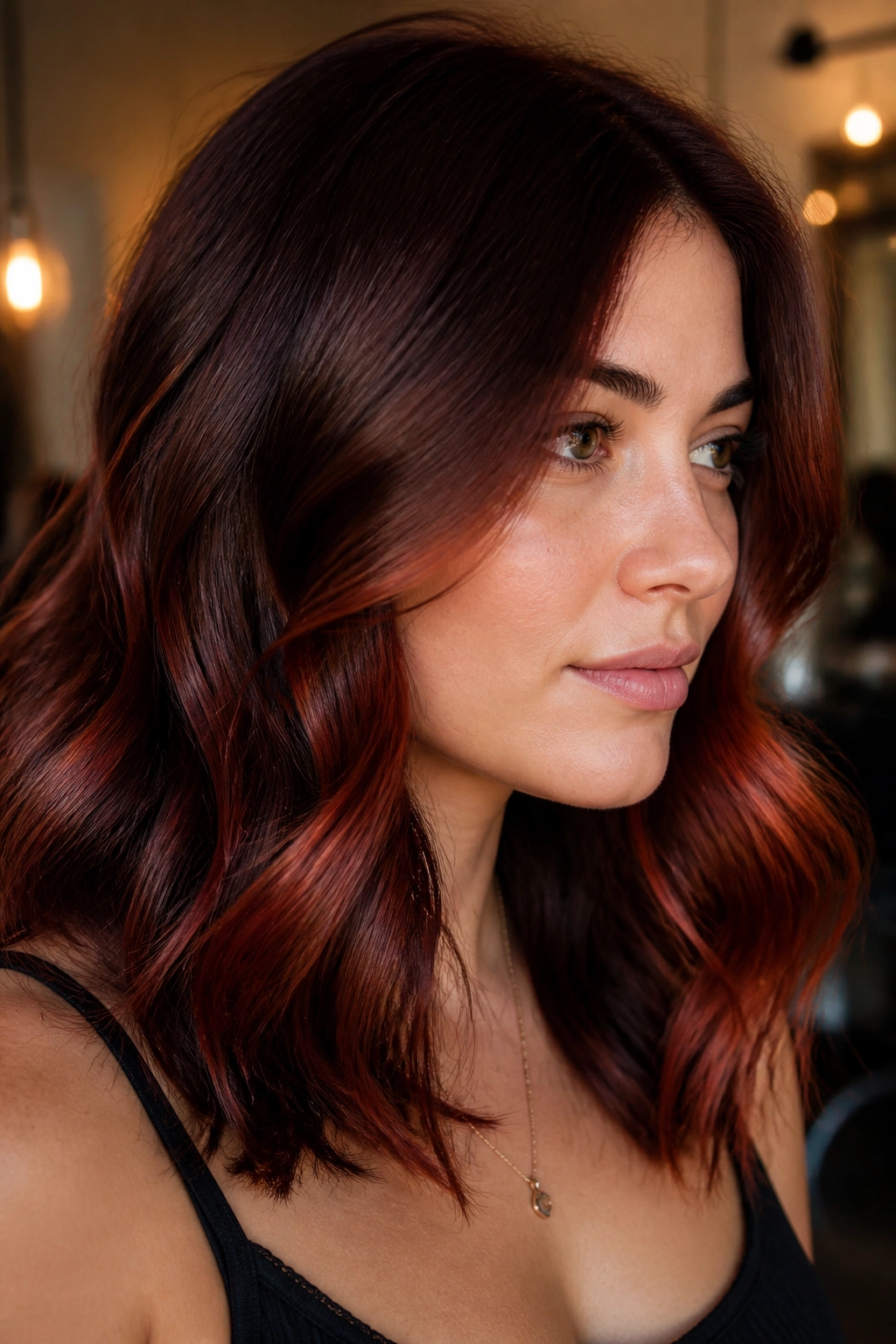 Close-up of a real person with mahogany auburn copper hair.