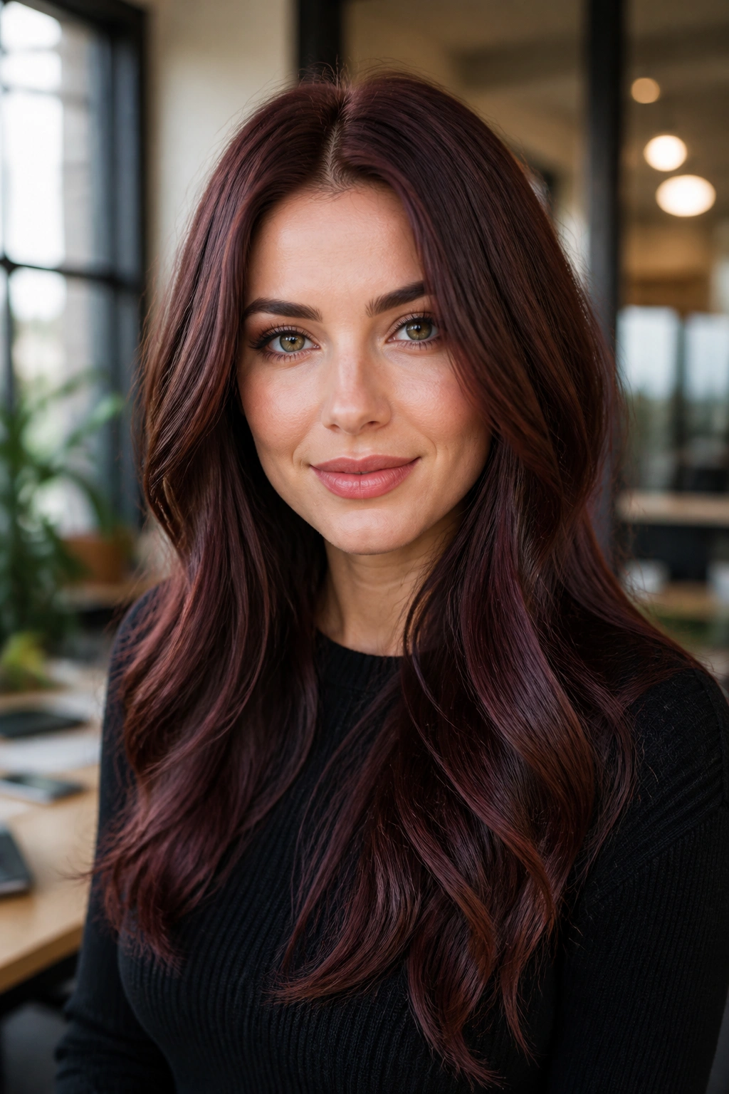 Real woman with mahogany auburn hair in a polished cut