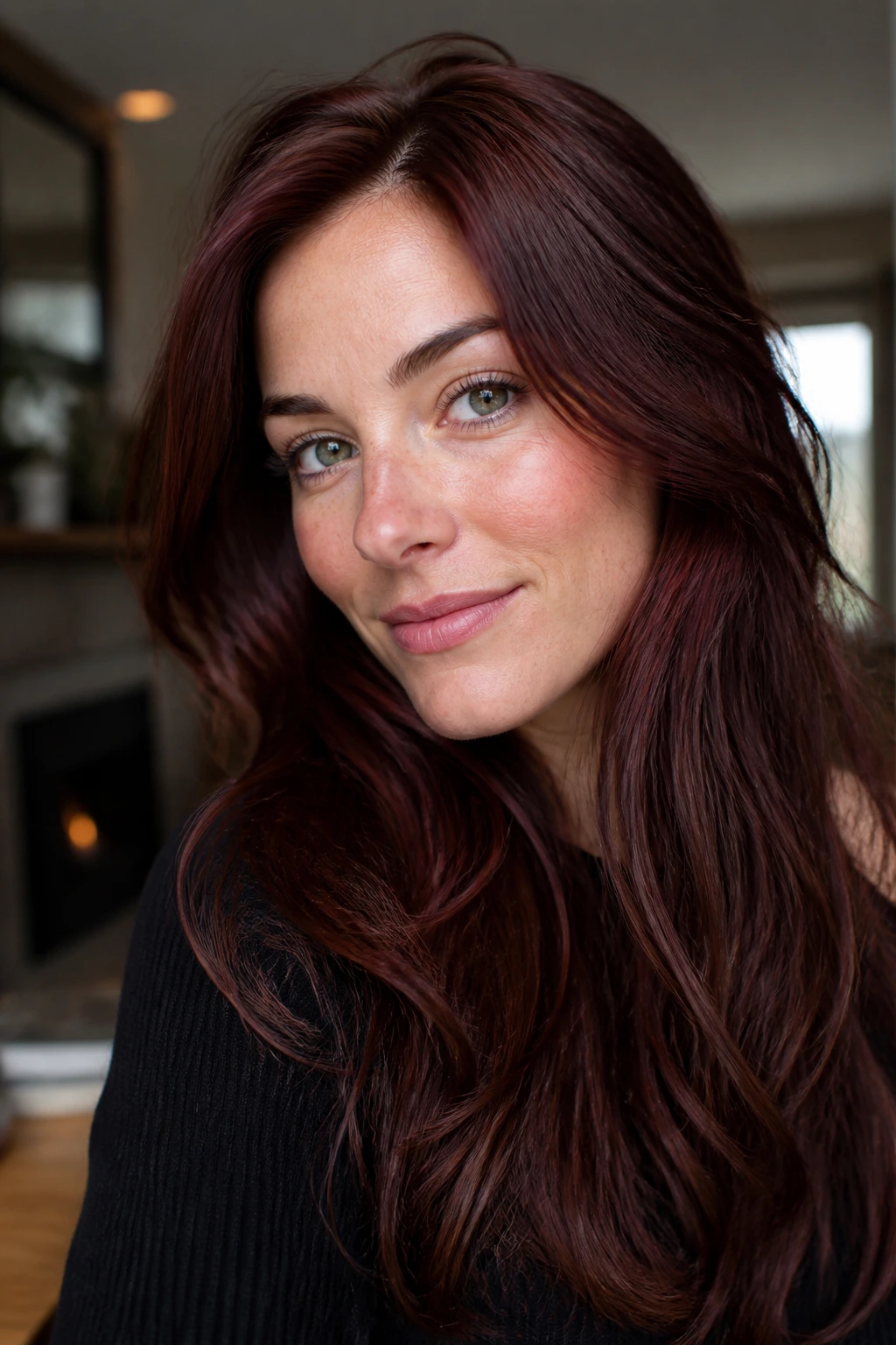 Close-up portrait of a real woman with mahogany auburn hair in warm window light