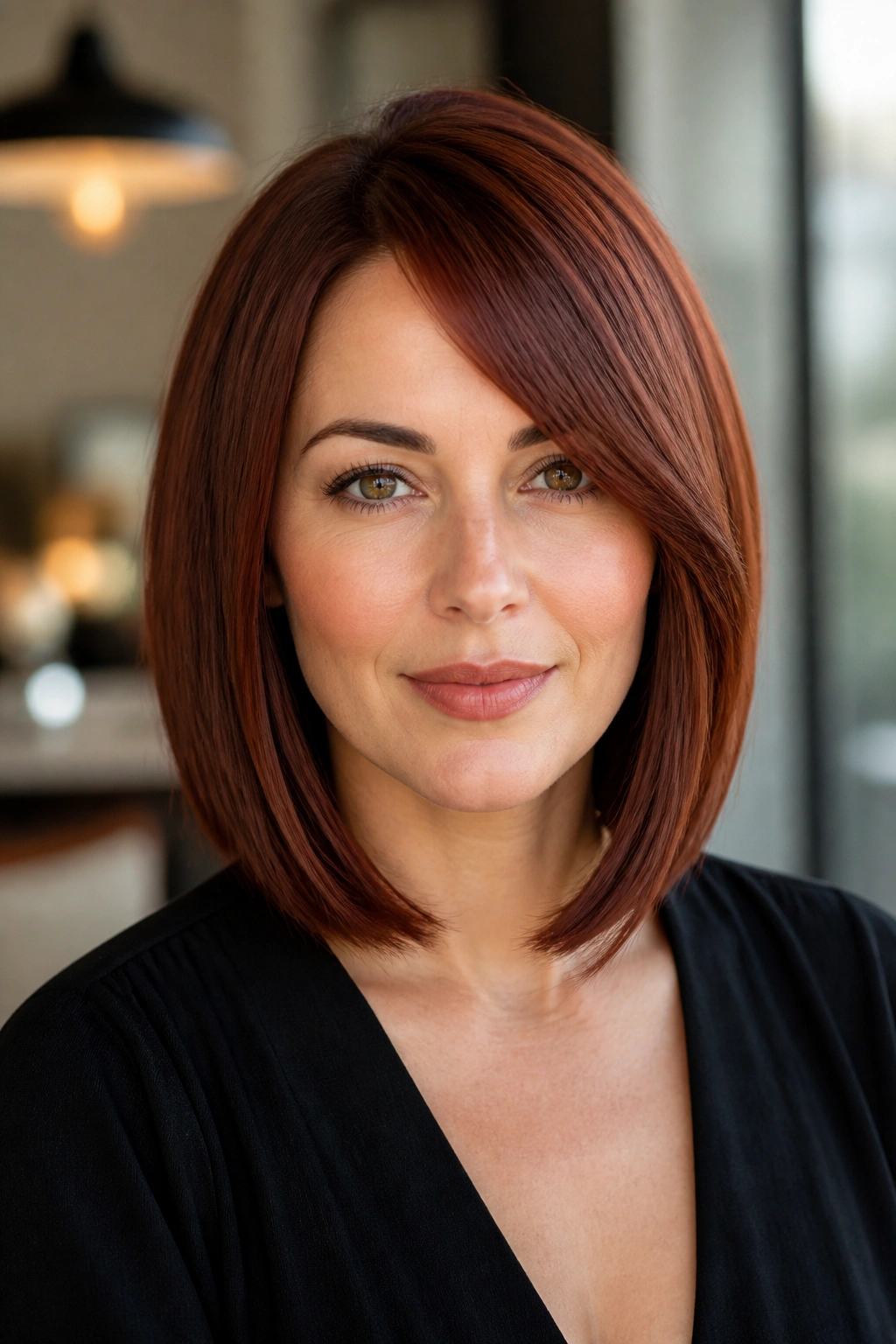 Real woman with mahogany auburn lob and off-center part