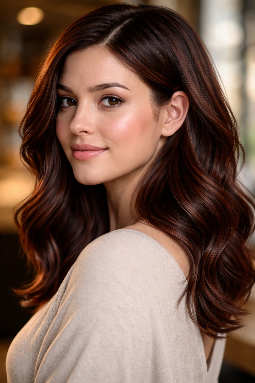 Real woman showing mahogany auburn lowlights around ears for depth.
