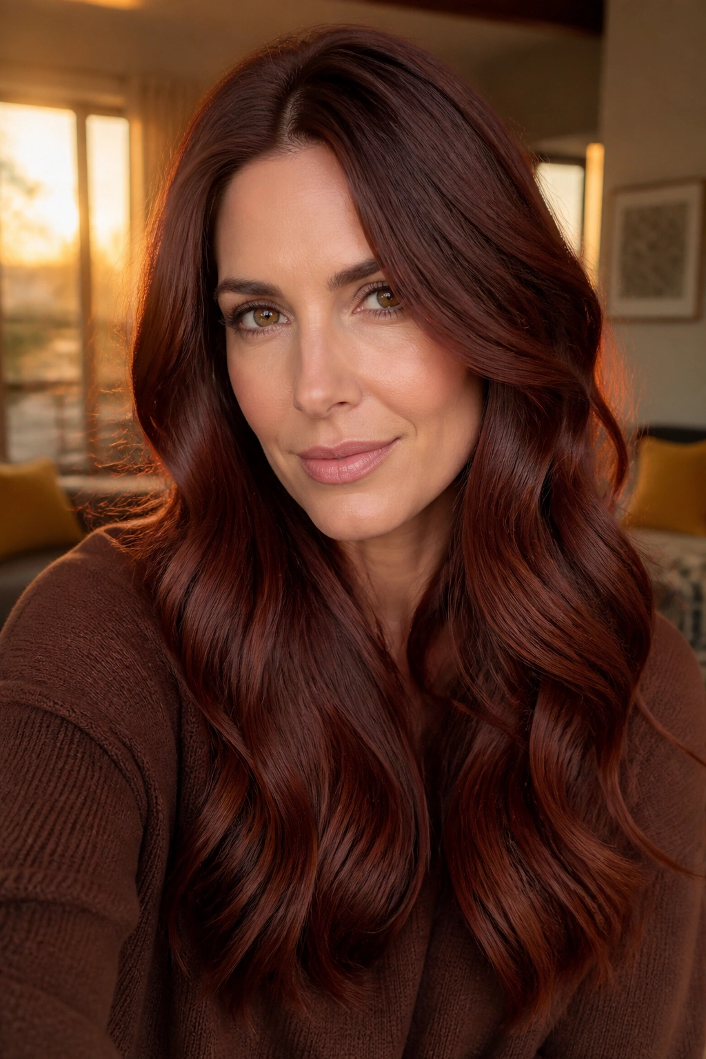 Close-up portrait of a woman with mahogany auburn melt in warm sunset light.