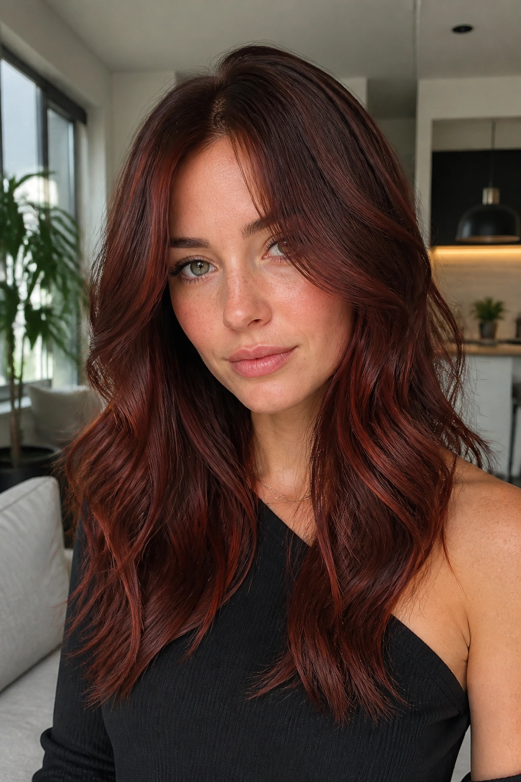 Close-up portrait of a real person with mahogany auburn melt on cool skin.