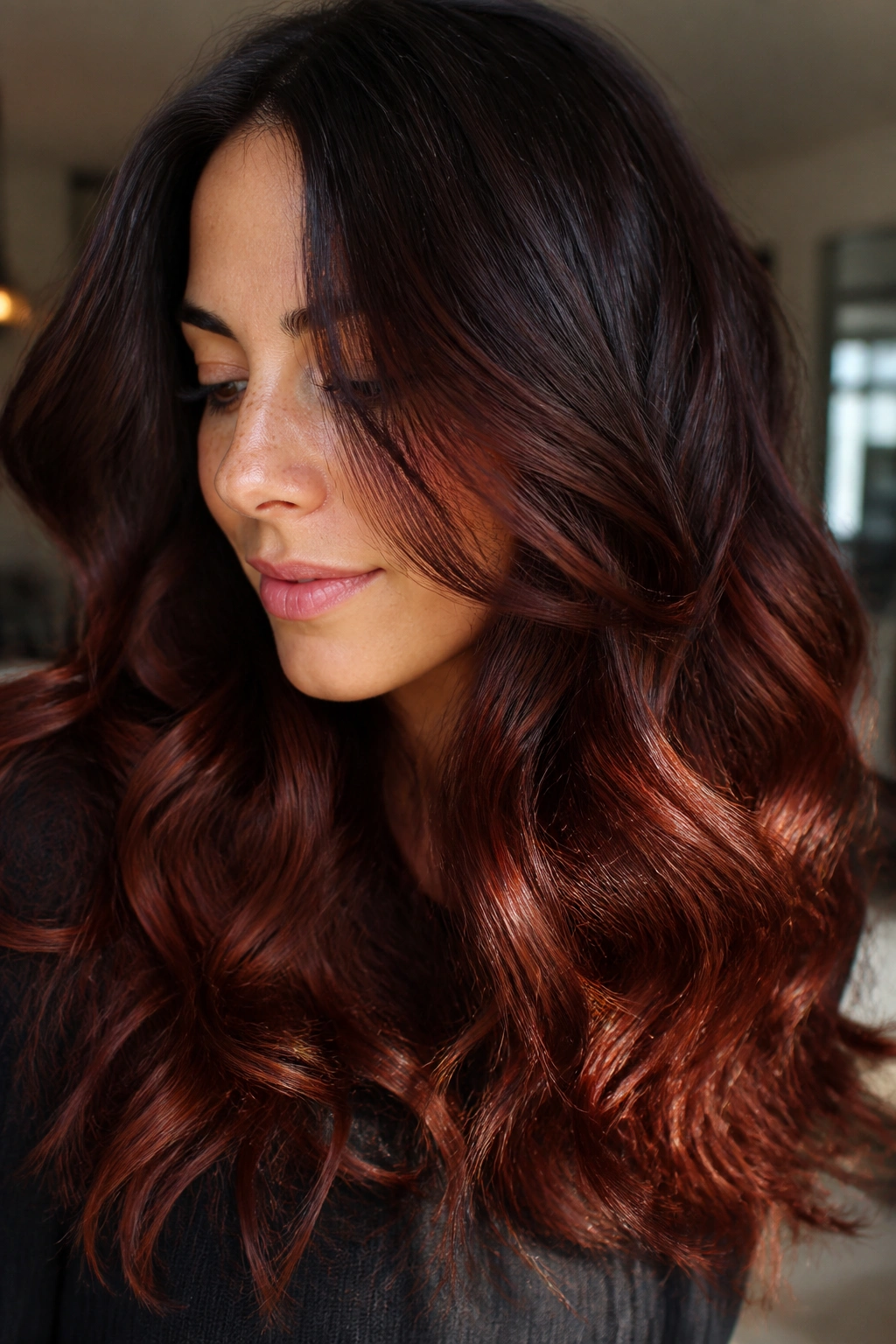 Close-up of mahogany brown to auburn fade on a real person.