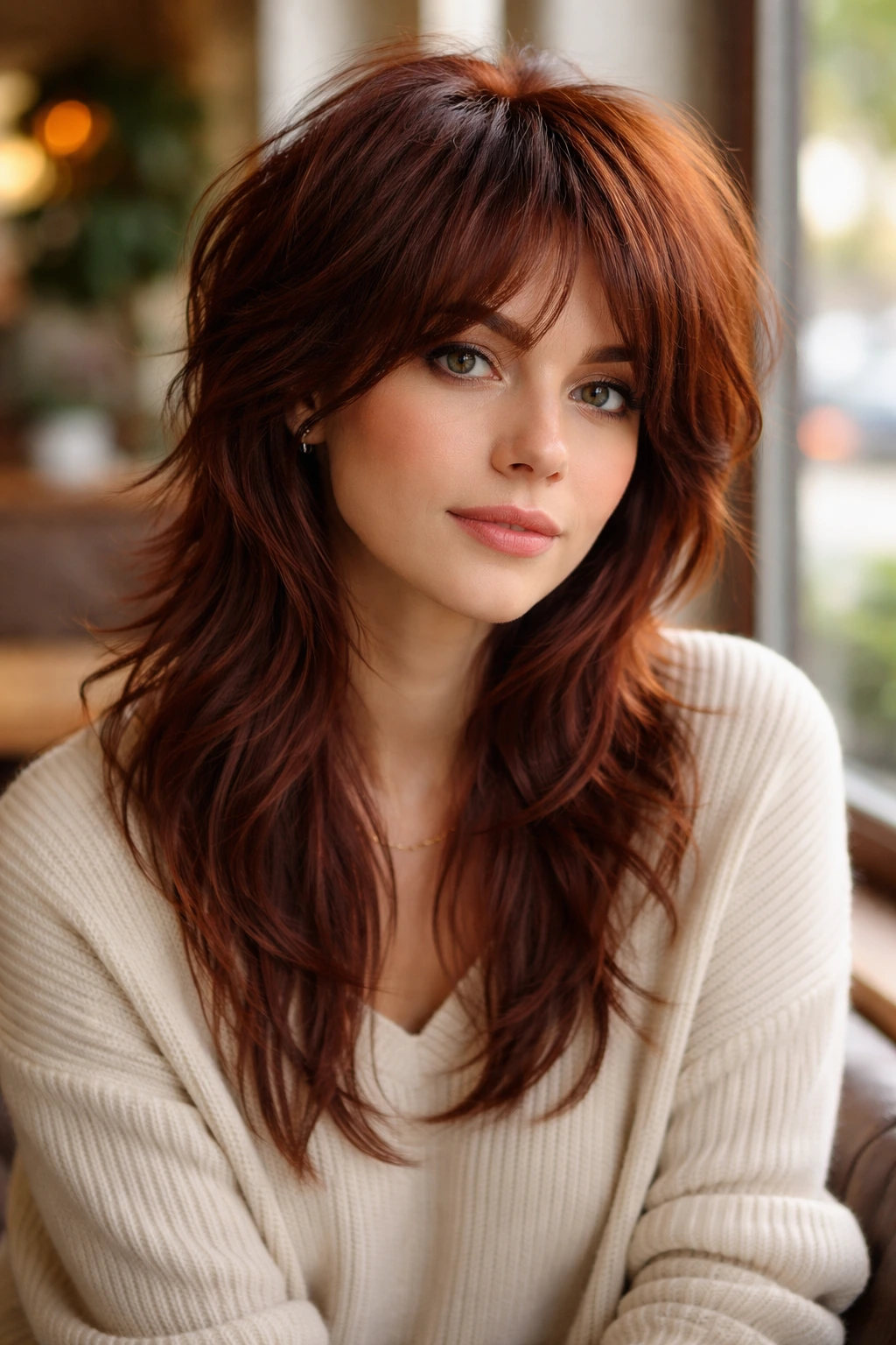 Medium close-up of a real woman with layered shag mullet in mahogany auburn