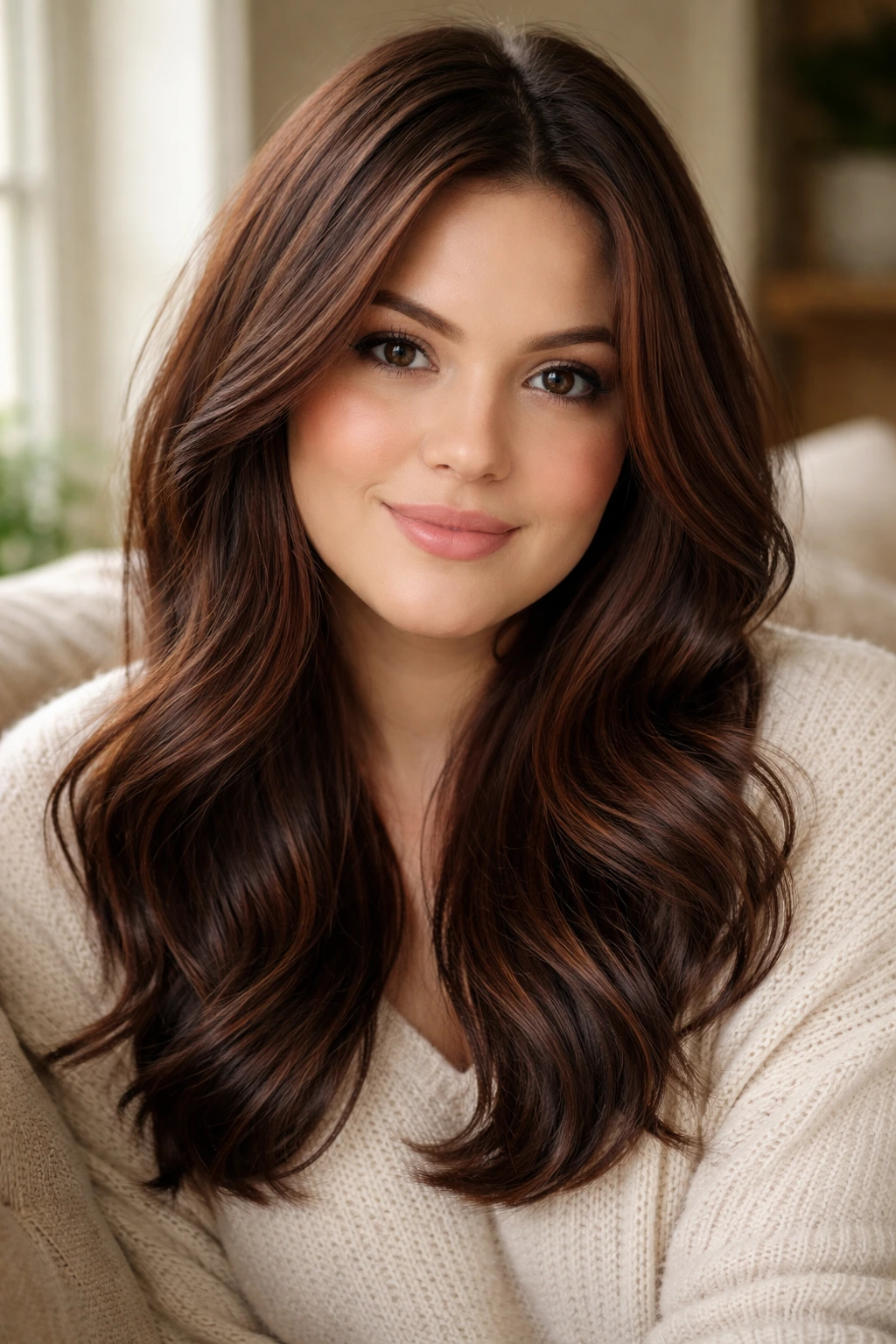 Close-up of a woman with subtle mahogany babylights woven through brown hair by a sunlit window.