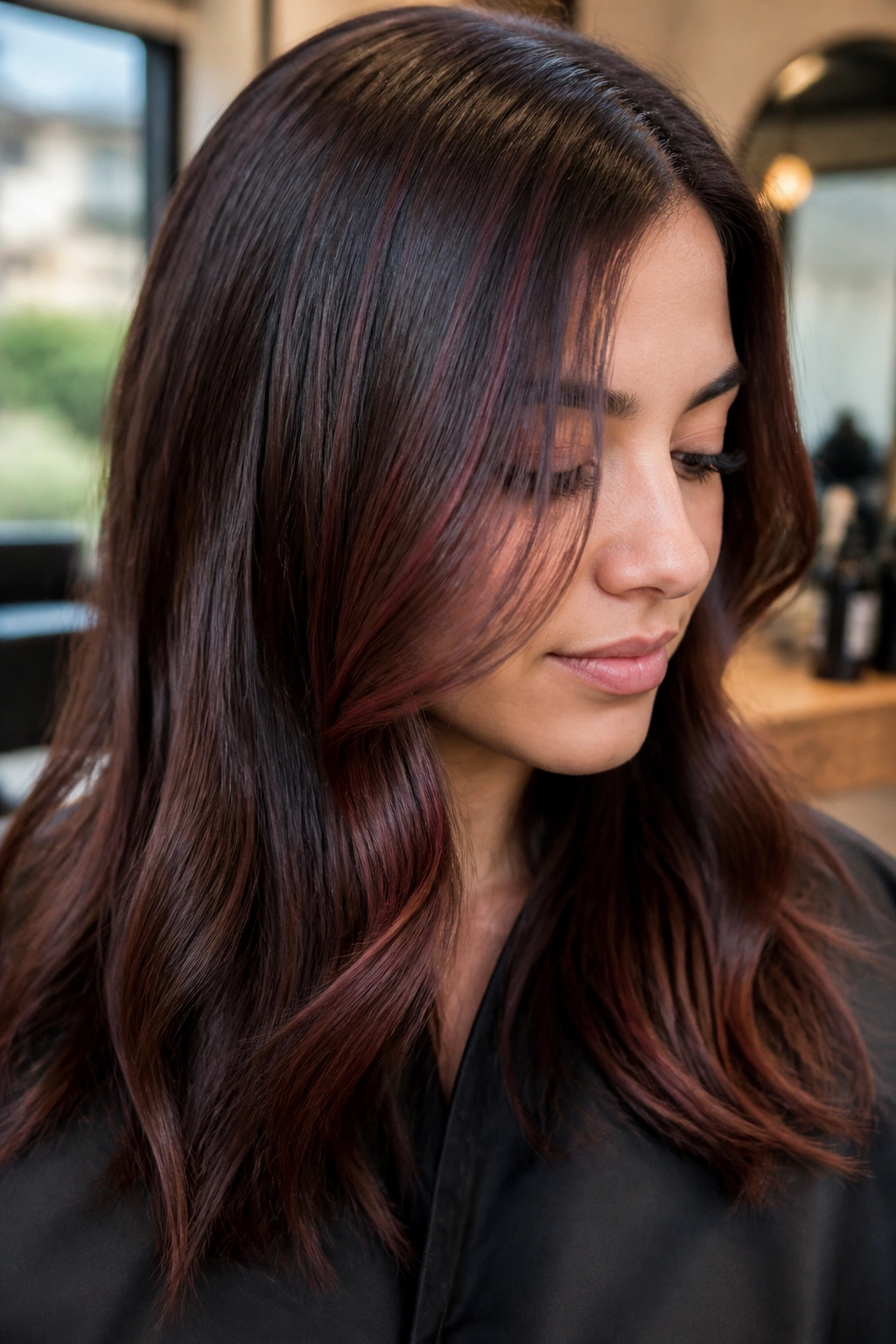 Close-up of a real woman with mahogany babylights on medium brown hair in warm salon light
