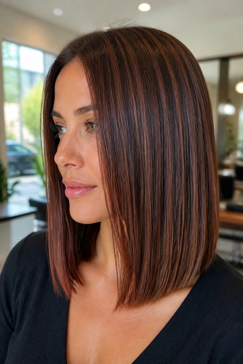 Close-up of a real woman with straight brown hair featuring cinnamon mahogany babylights