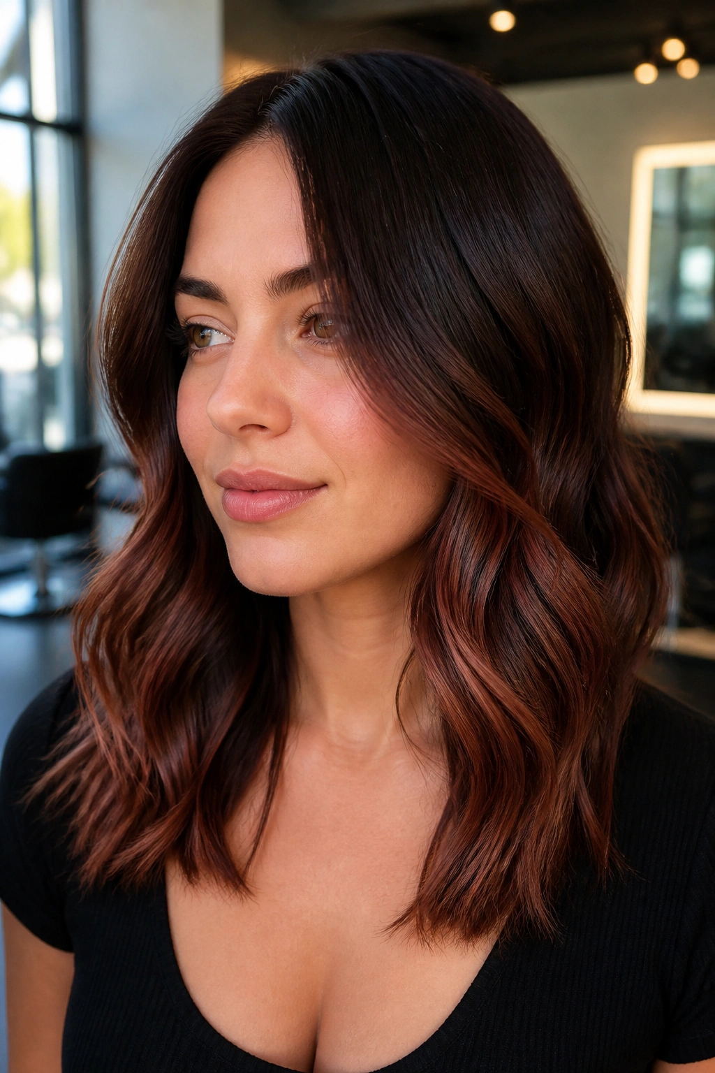 Close-up of mahogany balayage starting below the cheekbones on a real person.