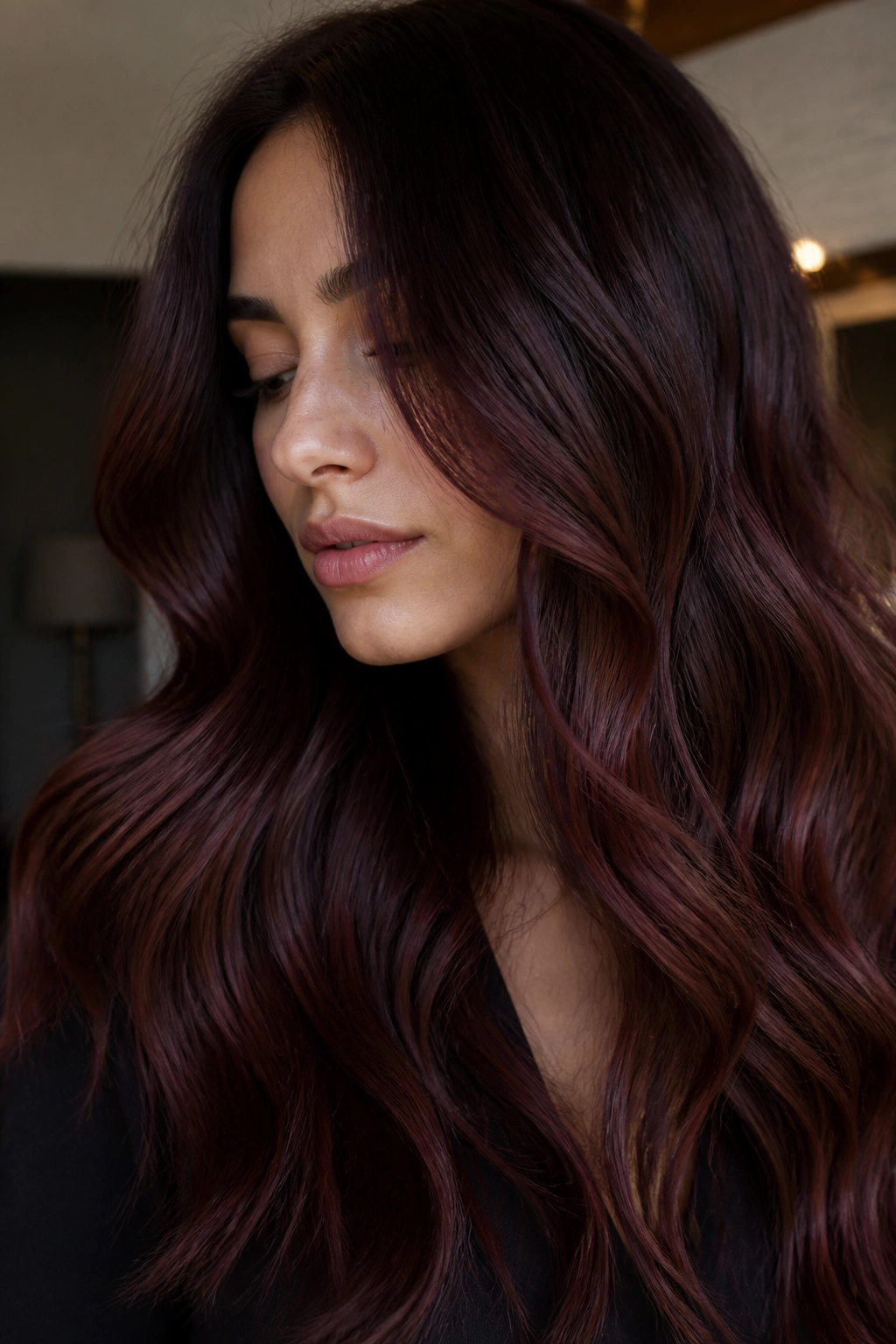 Close-up of deep mahogany hair with cherry undertones on a real person
