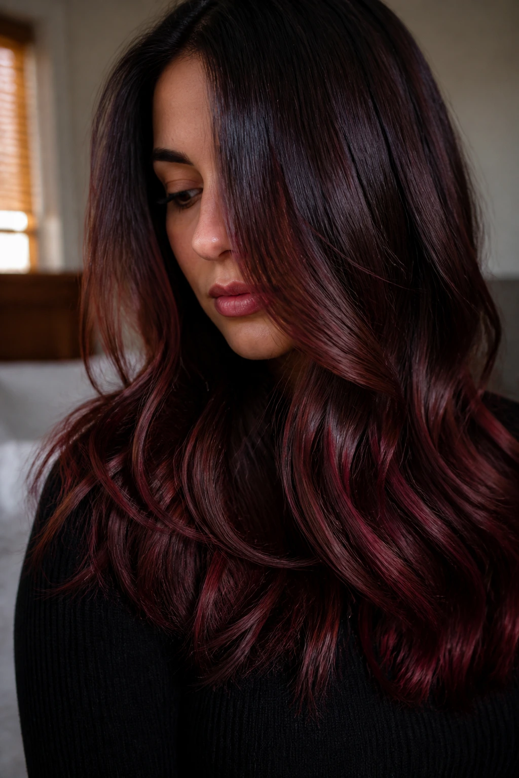 Close-up portrait of mahogany balayage on dark brown hair