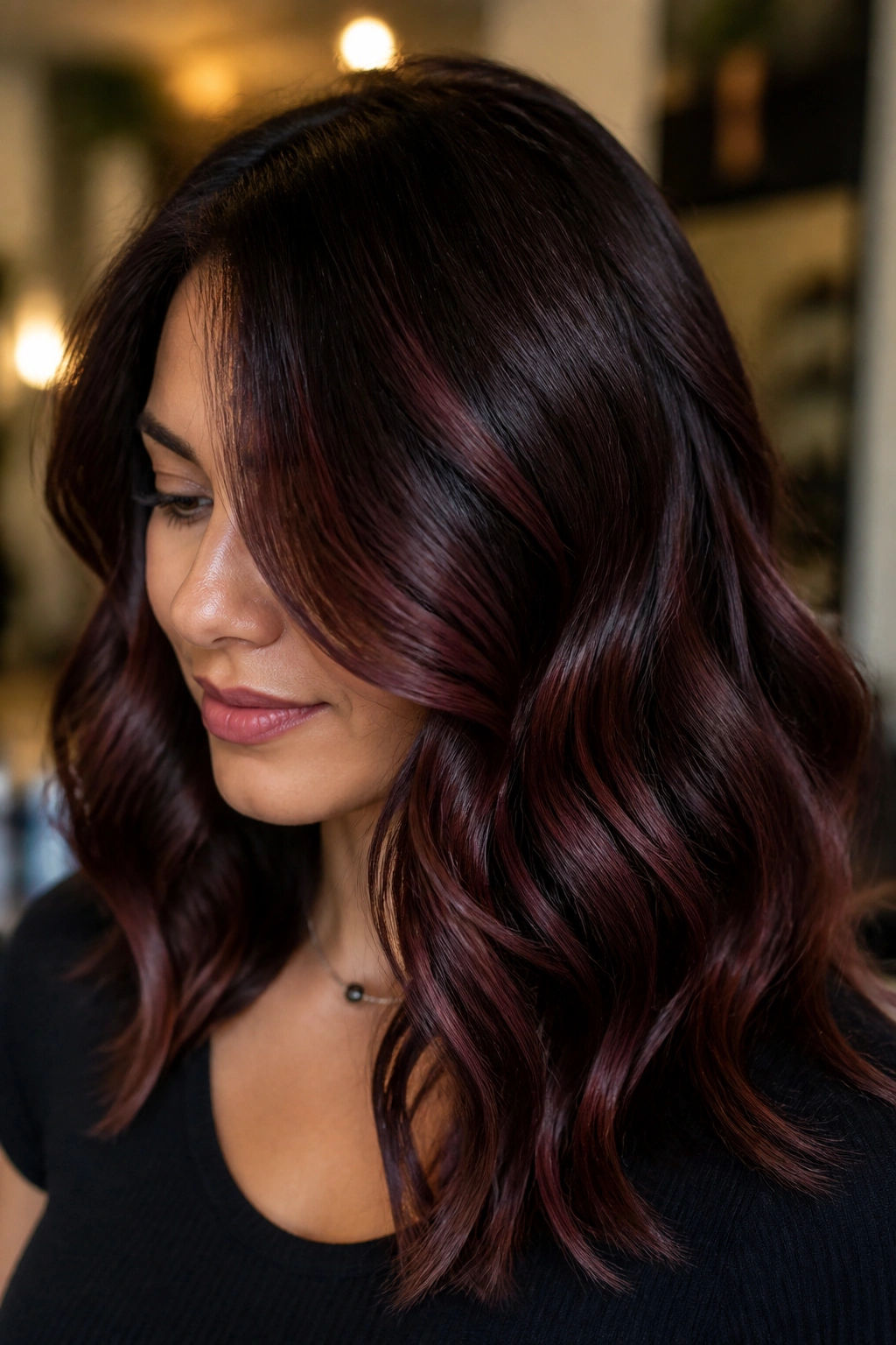 Close-up of deep brunette with mahogany balayage ribbons in warm indoor light