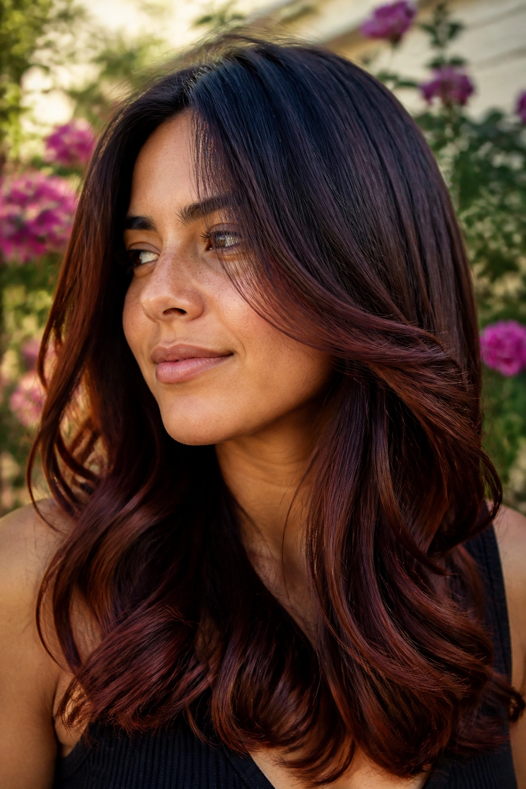 Close-up portrait of a real woman with deep brunette hair showing mahogany balayage veil in natural daylight.