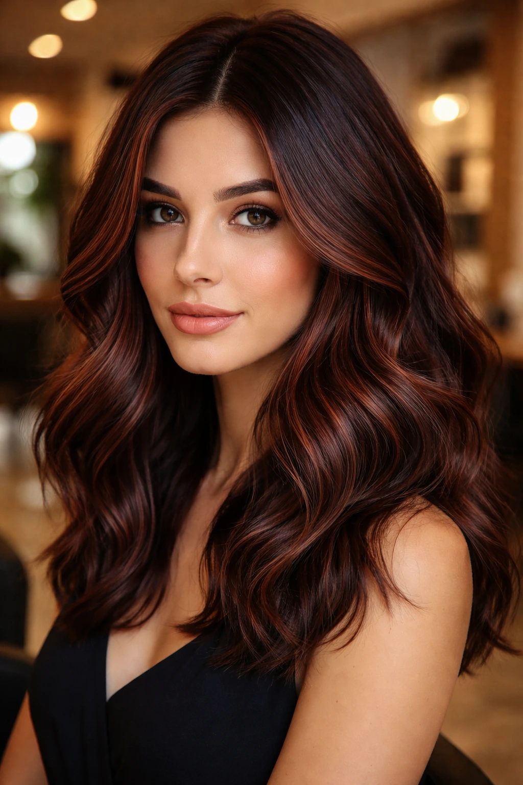 Close-up of a real woman with mahogany balayage glaze hair filling the frame