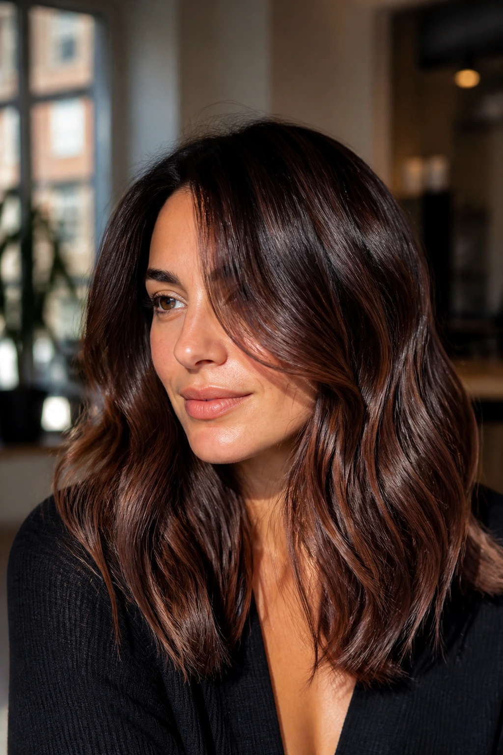 Close-up portrait of a real woman with mahogany-brown balayage and gloss finish