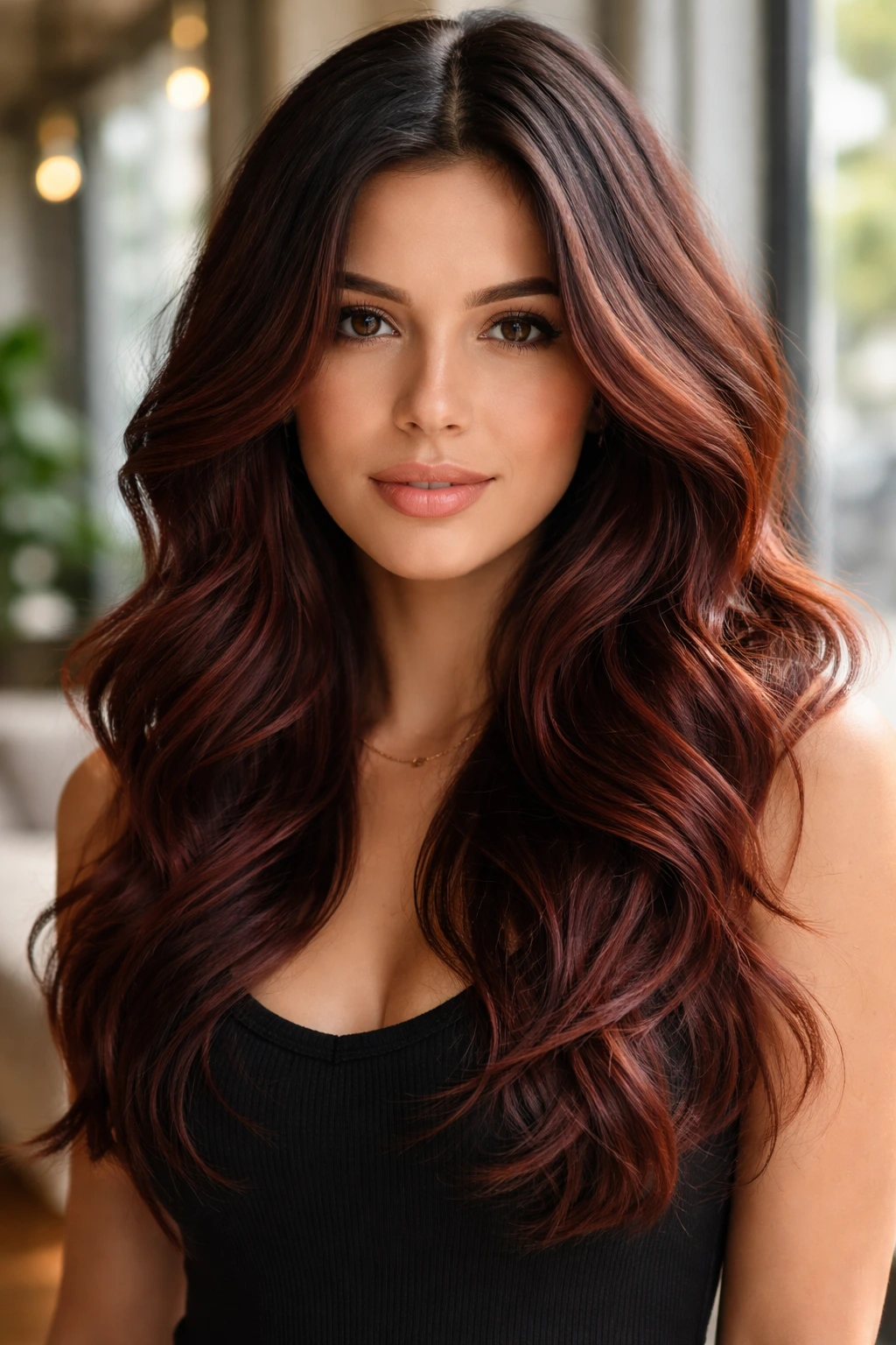 Close-up of a real woman with mahogany balayage on natural brunette hair, warm chestnut-red framing the face