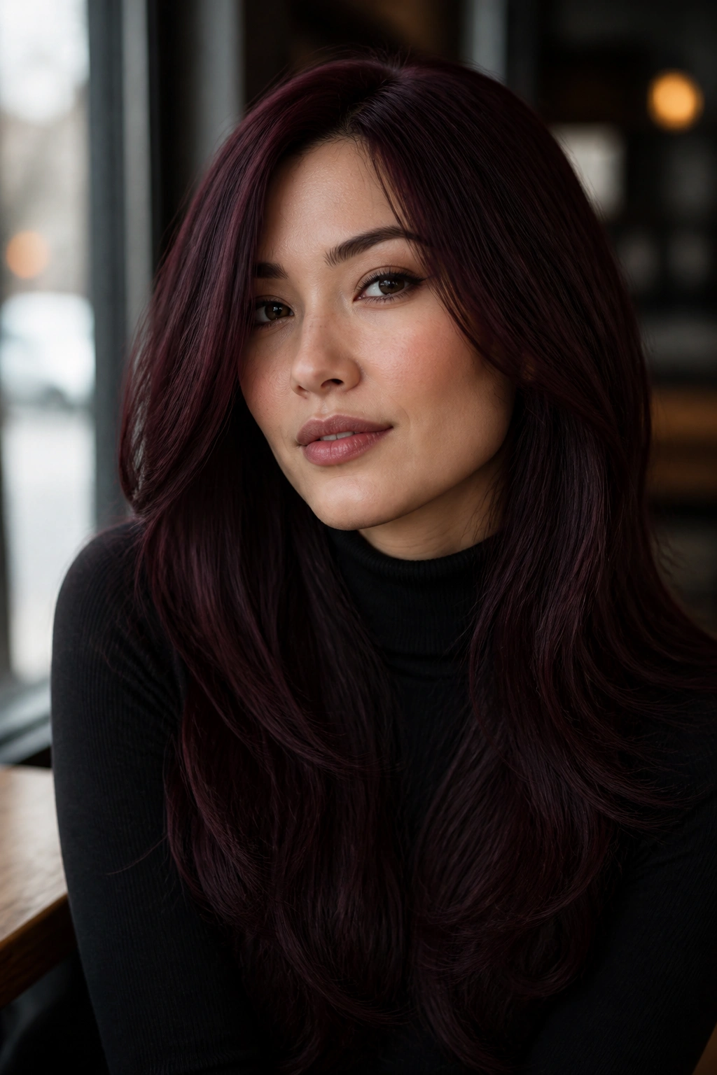 Close-up of a real woman with mahogany black hair with cool undertones in a cafe window setting