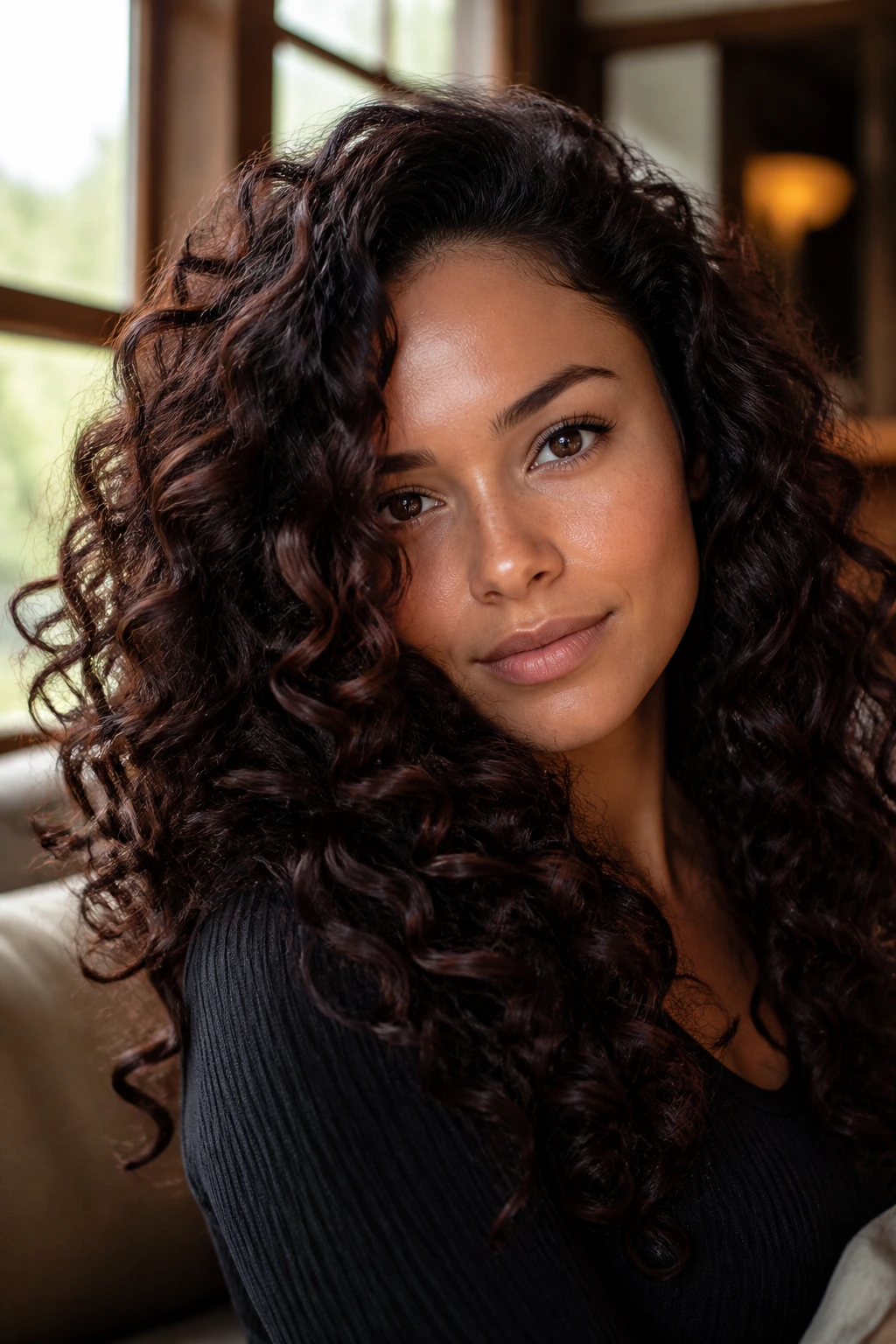 Close-up portrait of a real woman with mahogany black curly hair in a warm living room