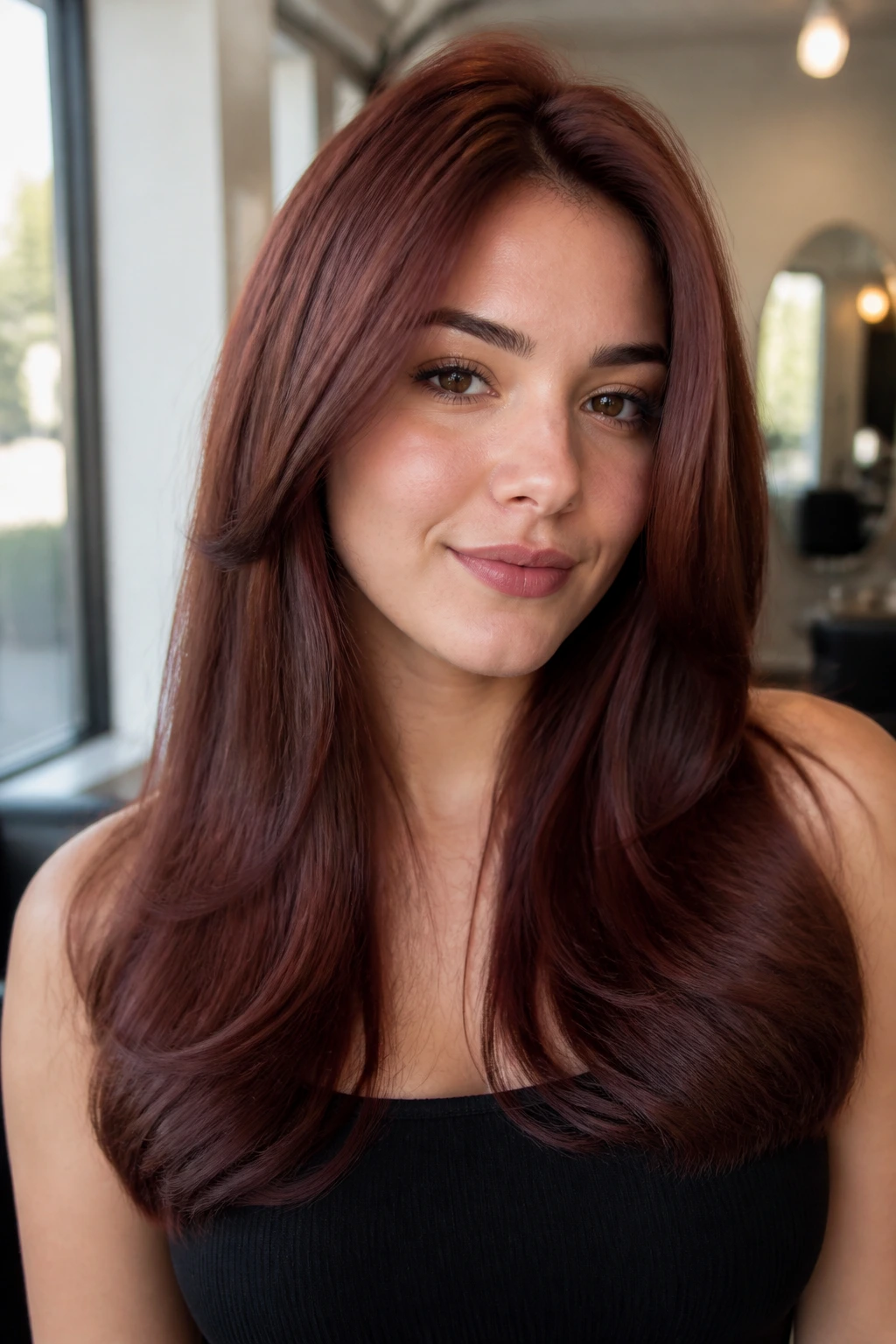 Real woman with mahogany blowout and rounded ends