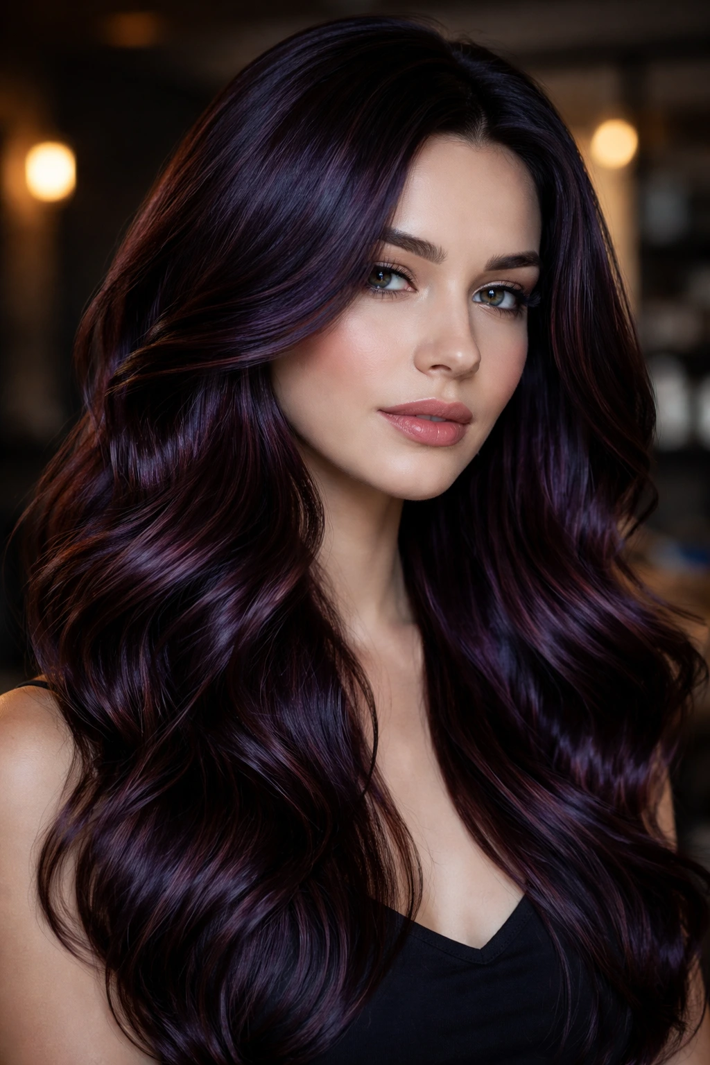 Close-up of a real person with mahogany hair enhanced by blue-black glaze