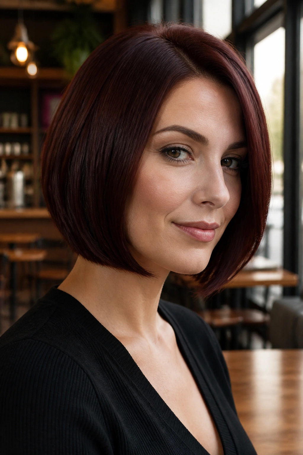 Portrait of a woman with a brushed mahogany bob and clean shape.