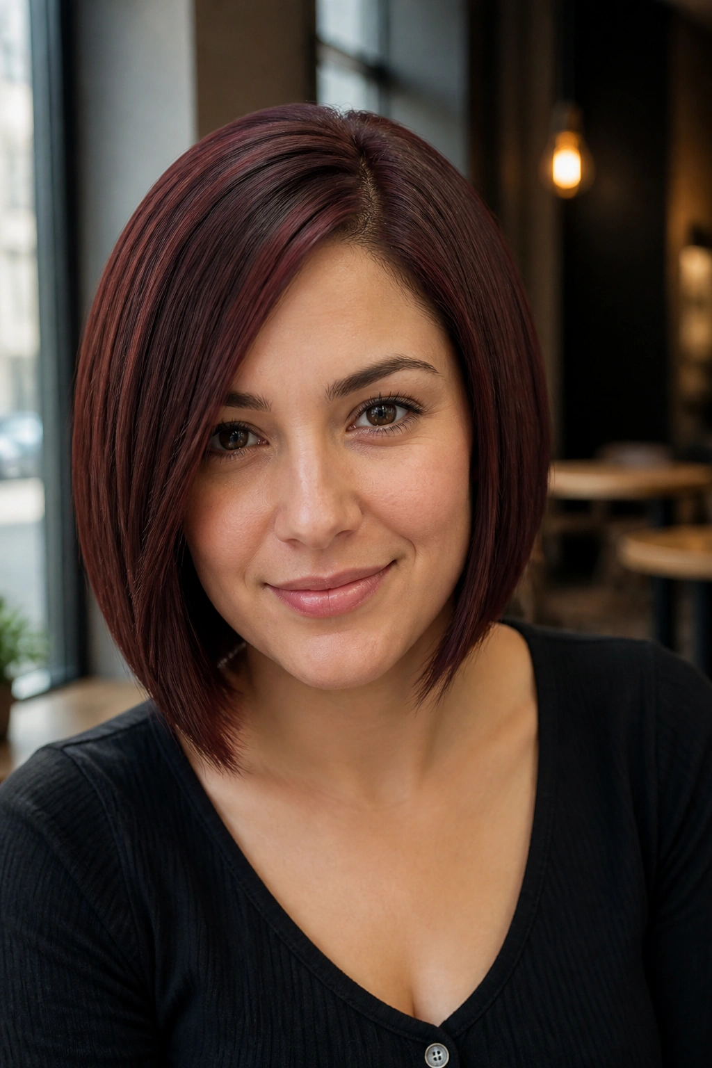 Close-up of a real woman with a sleek mahogany bob and off-center part.