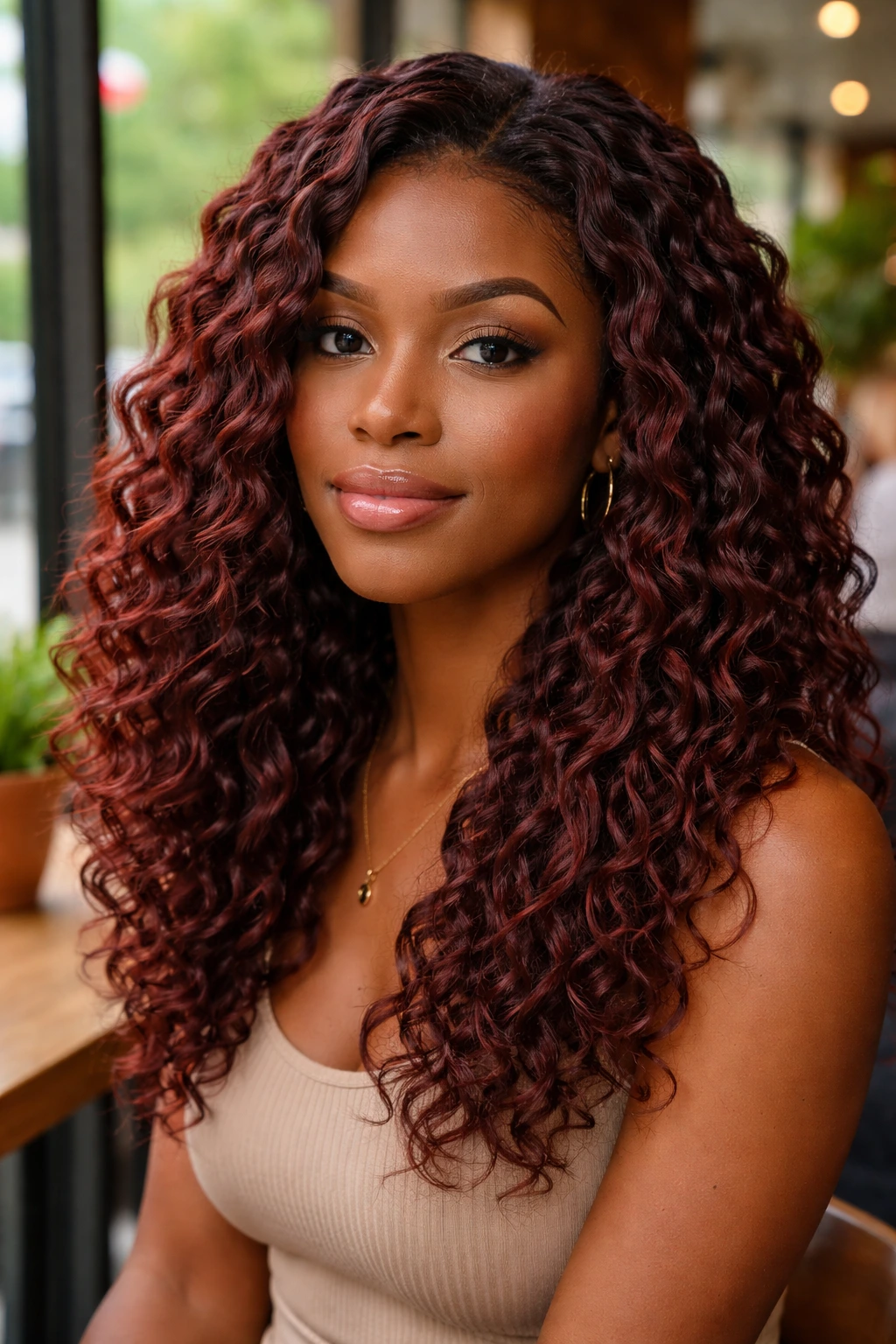 Close-up of a real person with mahogany braid-out and soft definition