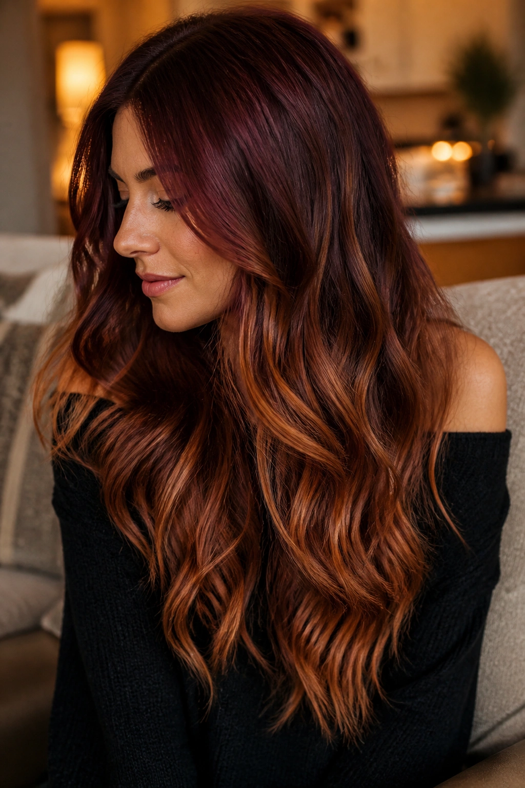 Close-up of a real woman with mahogany to bronze ombre on long hair.
