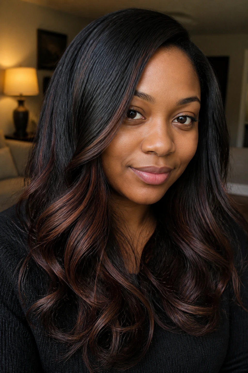 Close-up portrait of natural black hair with mahogany-bronze ribbon lights