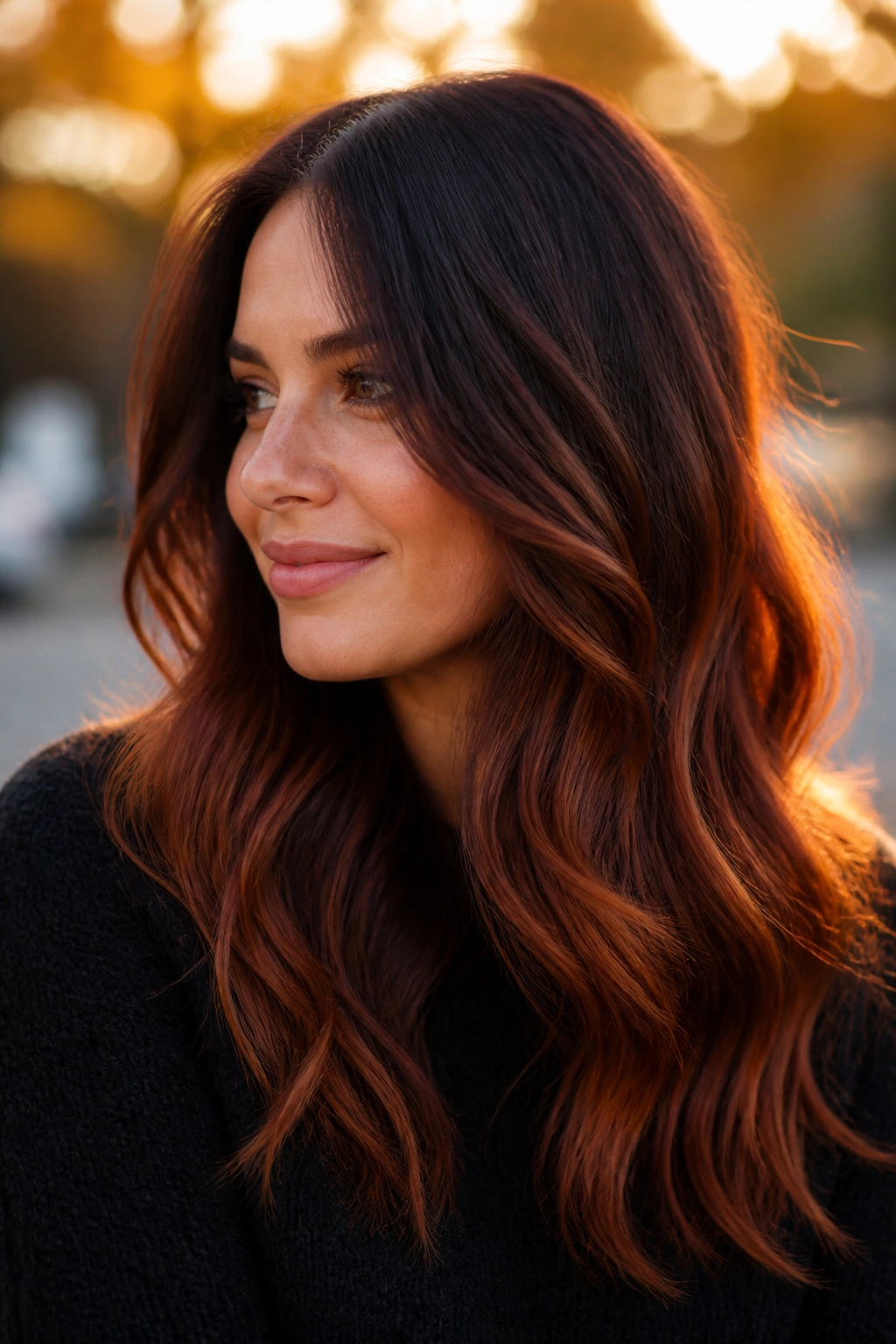 Close-up portrait of a real woman with mahogany brown hair and auburn ends